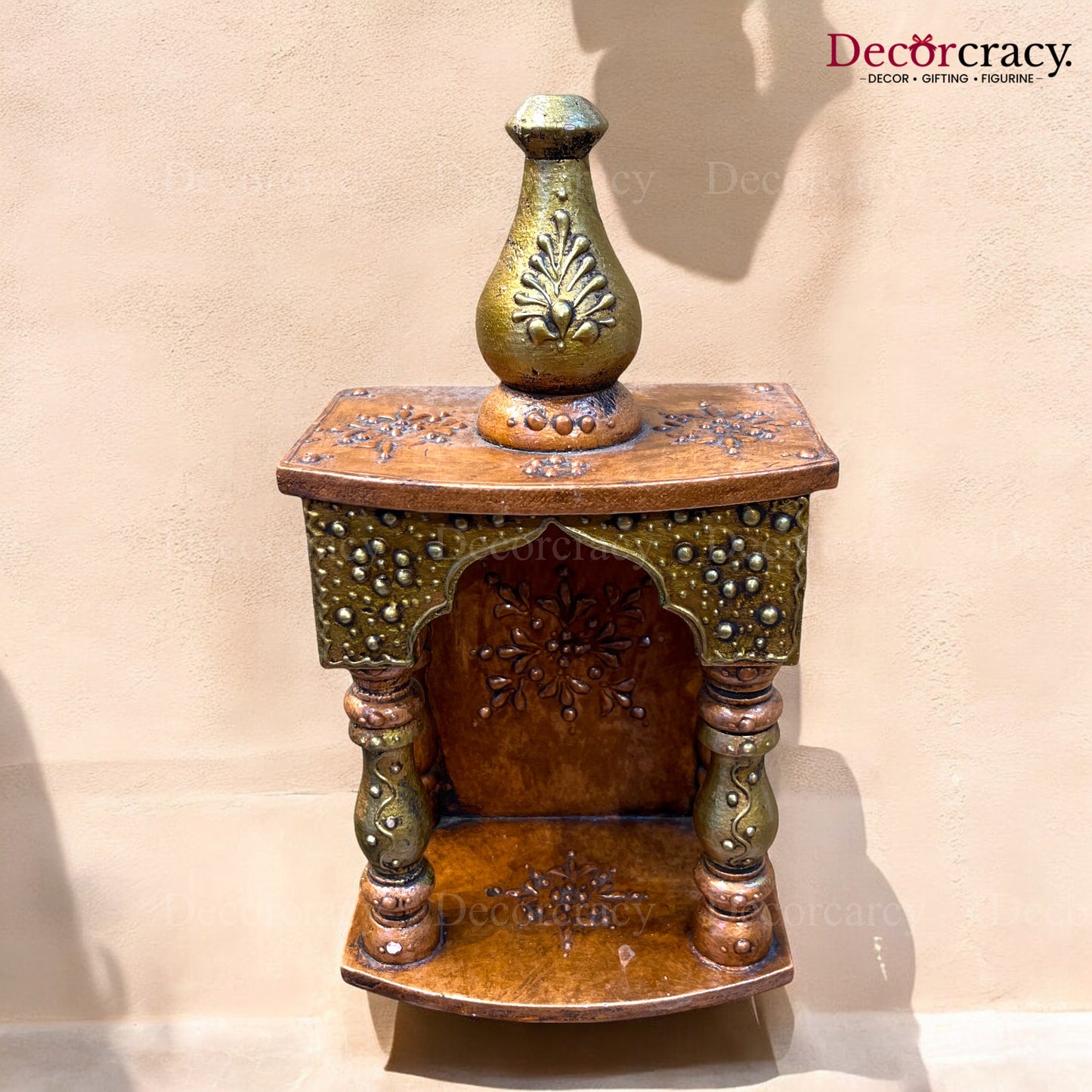 Mandir Wooden Antique Copper Hand Painted Wall Mounted Temple 12"