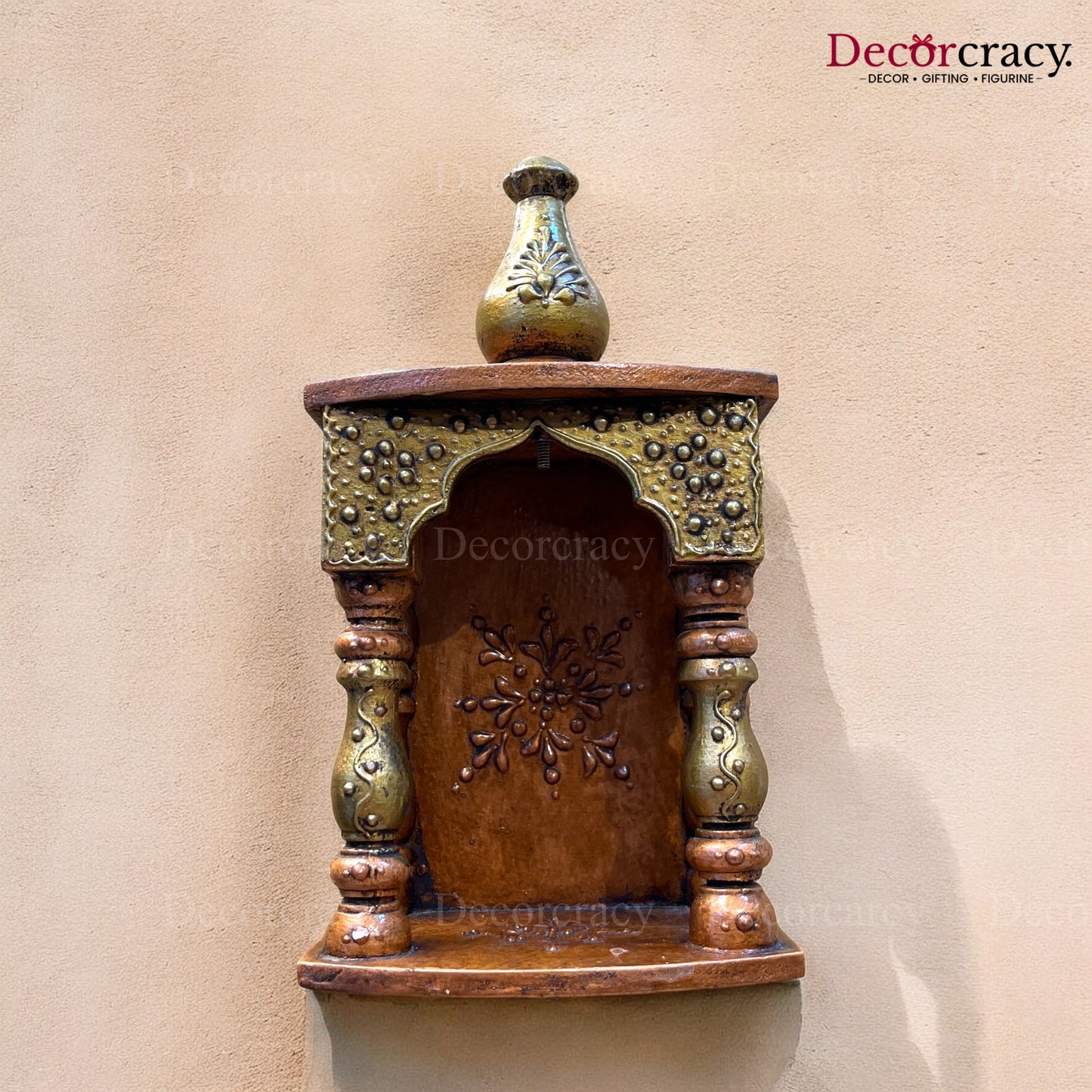 Mandir Wooden Antique Copper Hand Painted Wall Mounted Temple 12"