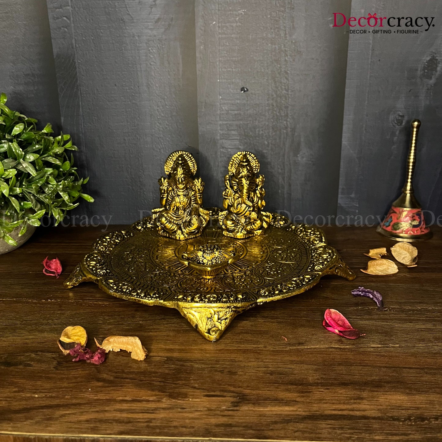 Lakshmi Ganesh Pooja Thali with 1 Diya Metal golden