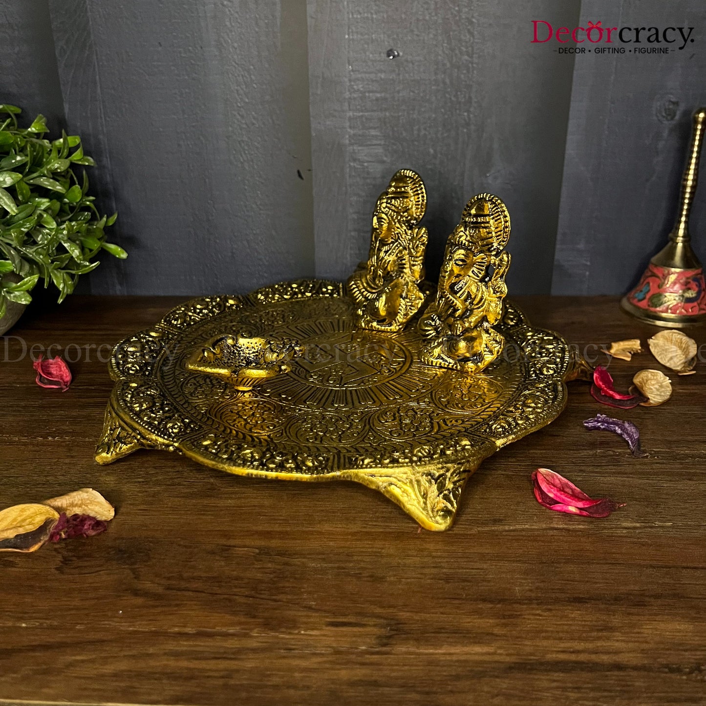 Lakshmi Ganesh Pooja Thali with 1 Diya Metal golden