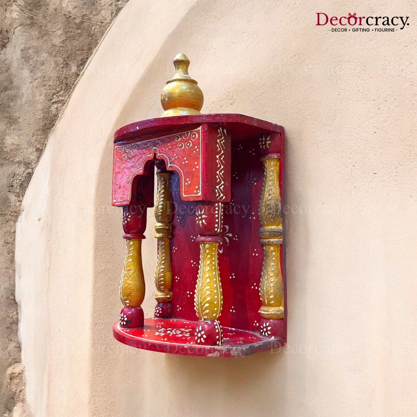 Mandir Wooden Multicolor Hand Painted Wall Mounted Temple 12"