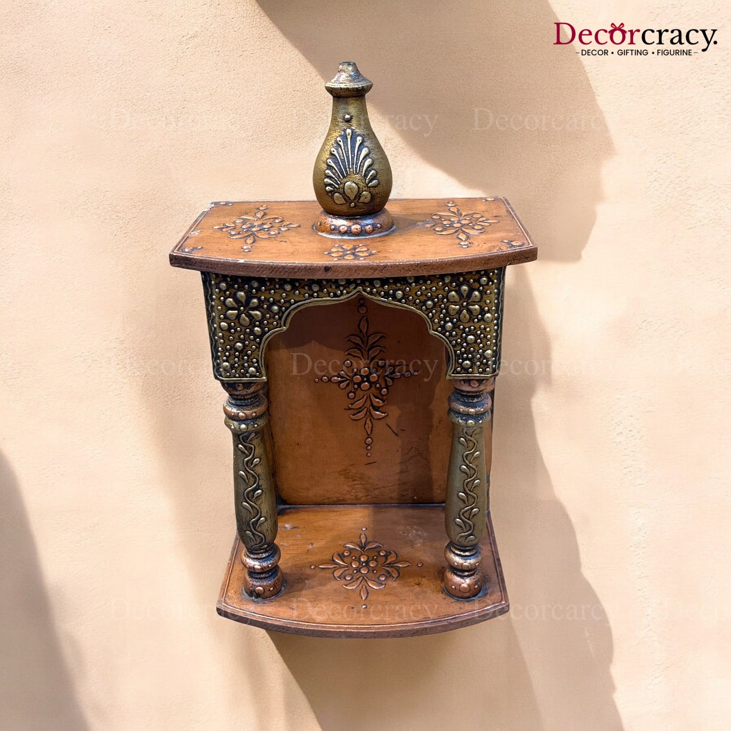 Mandir Wooden Antique Copper Hand Painted Wall Mounted Temple 13"