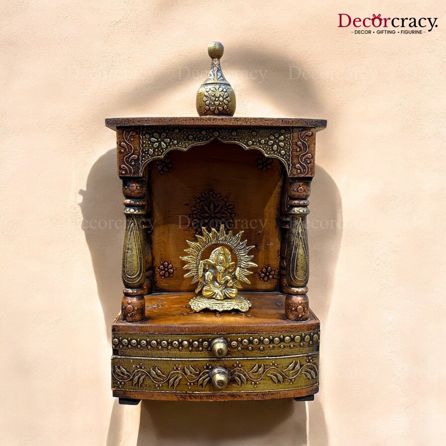 Mandir Double Storage Drawer Wooden Antique Copper Hand Painted Wall Mounted Temple 16"