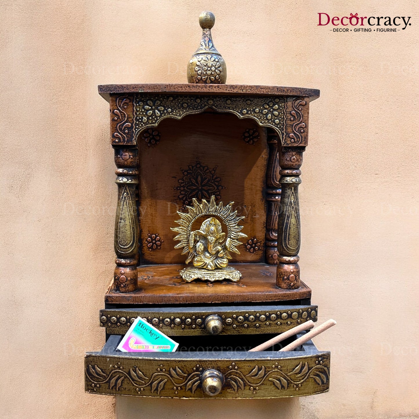 Mandir Double Storage Drawer Wooden Antique Copper Hand Painted Wall Mounted Temple 16"