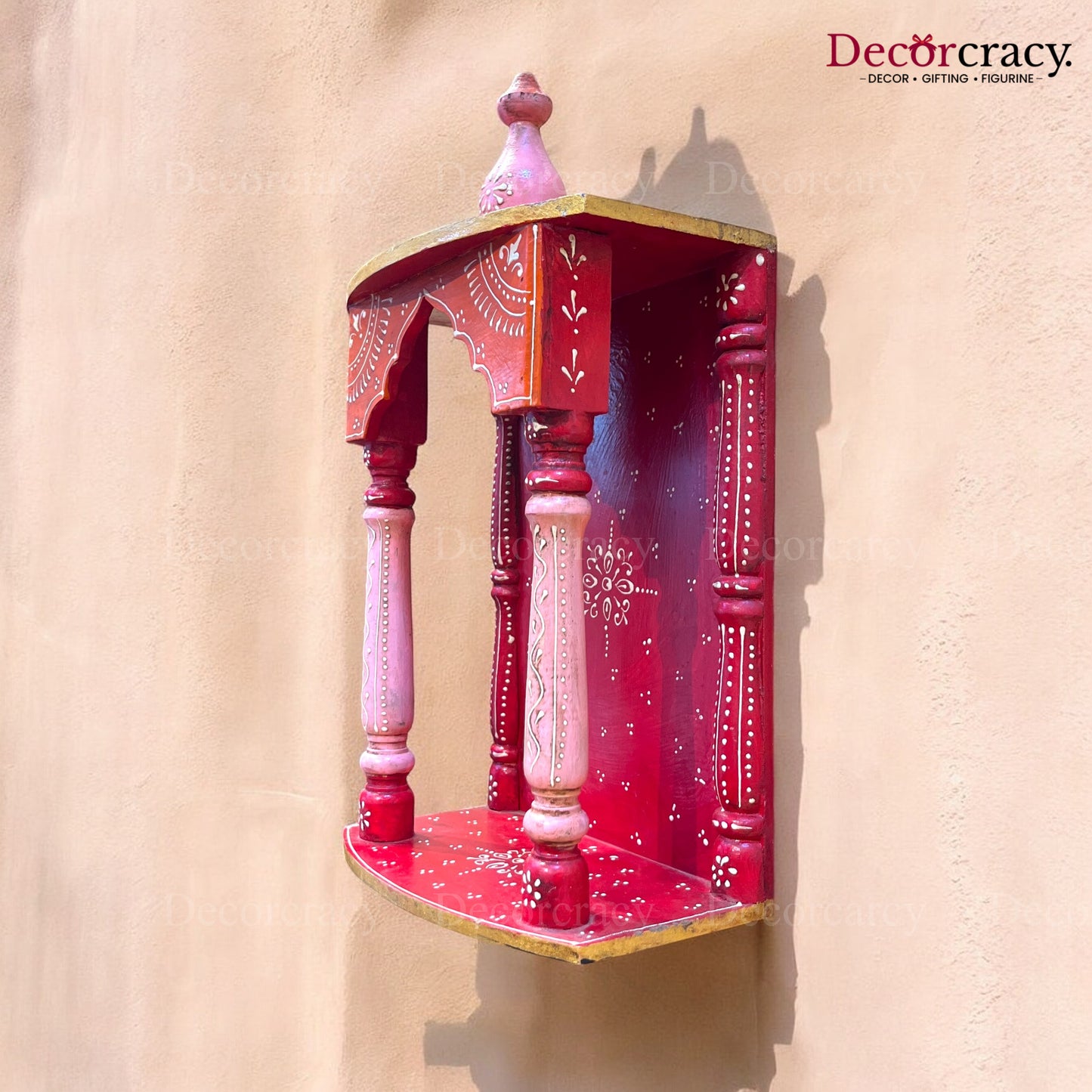Mandir Wooden Multicolor Hand Painted Wall Mounted Temple 16"