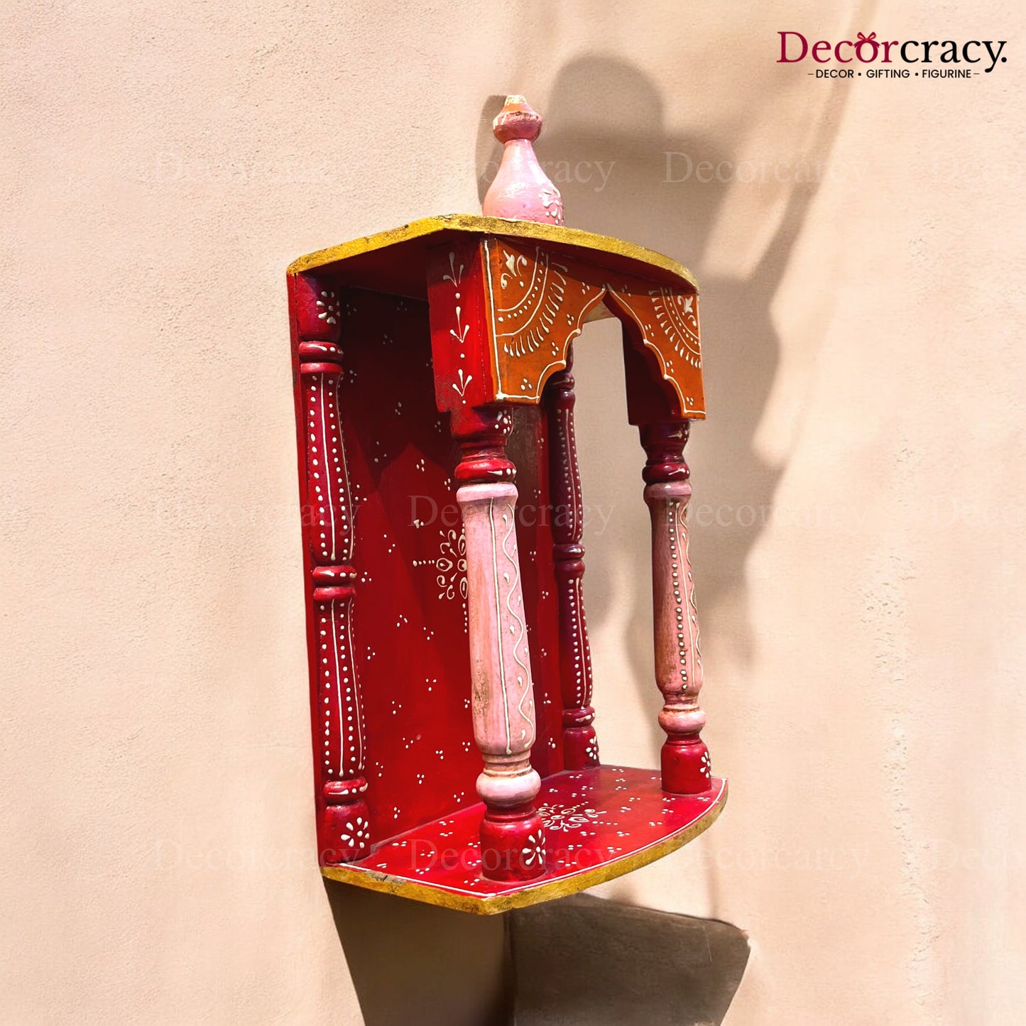 Mandir Wooden Multicolor Hand Painted Wall Mounted Temple 16"