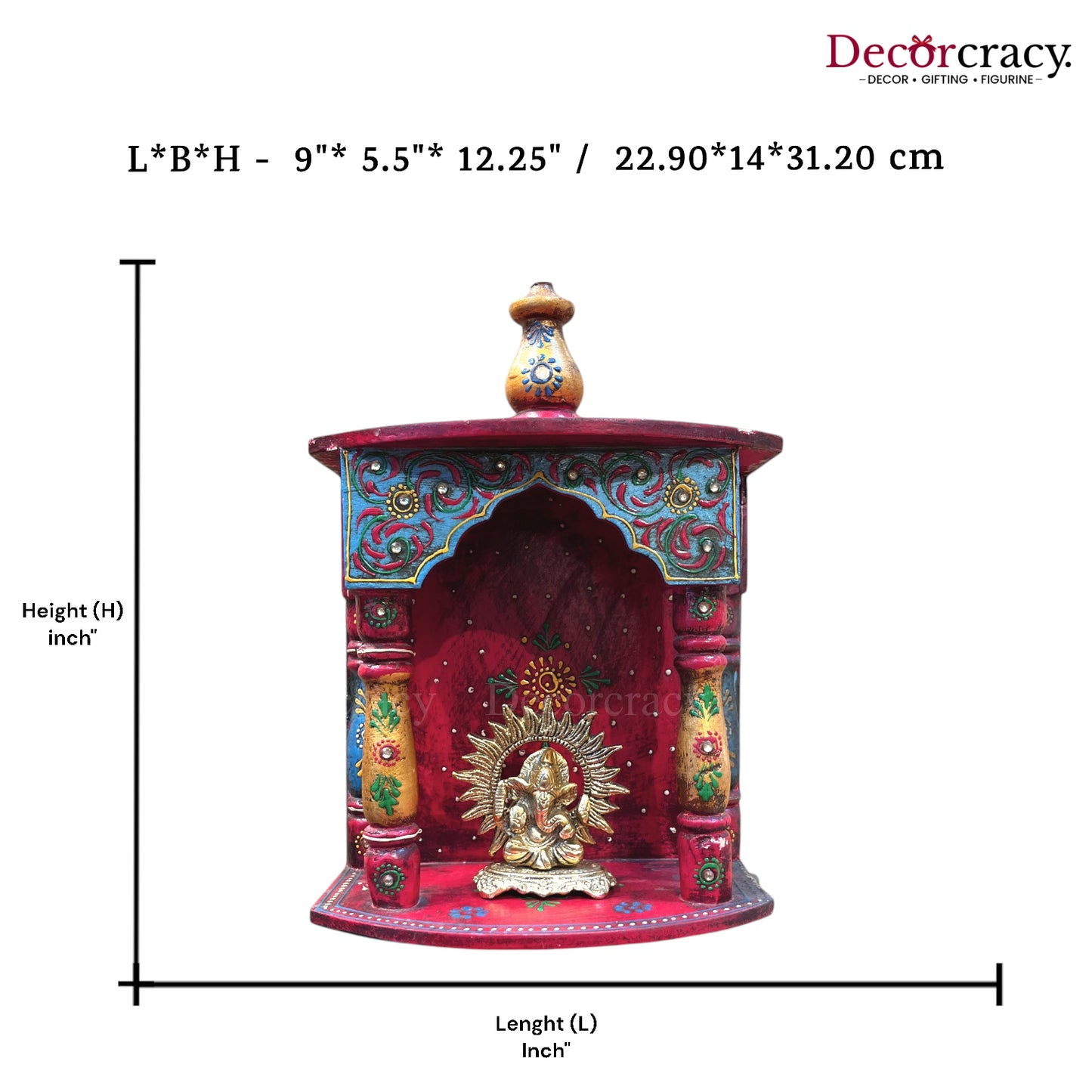 Mandir Wooden Multicolor Hand Painted Wall Mounted Temple 13"