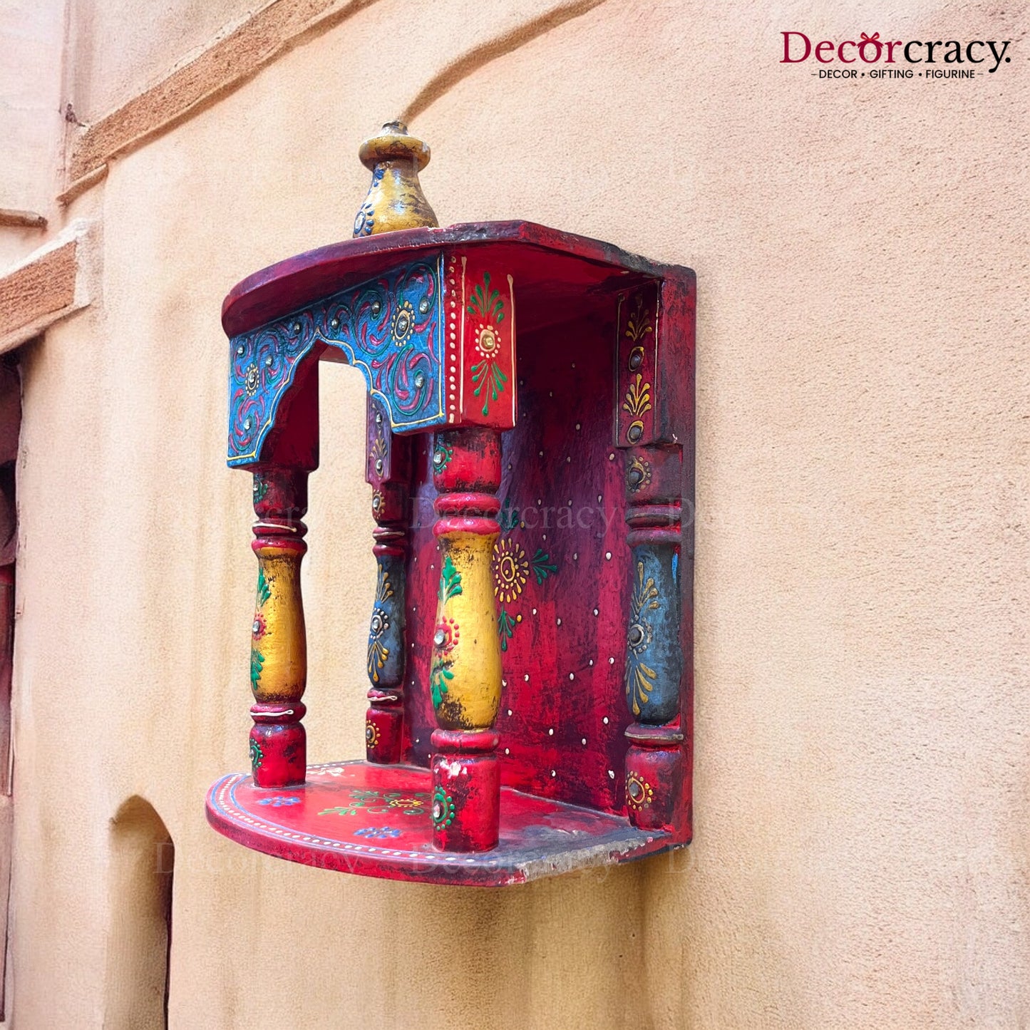 Mandir Wooden Multicolor Hand Painted Wall Mounted Temple 13"