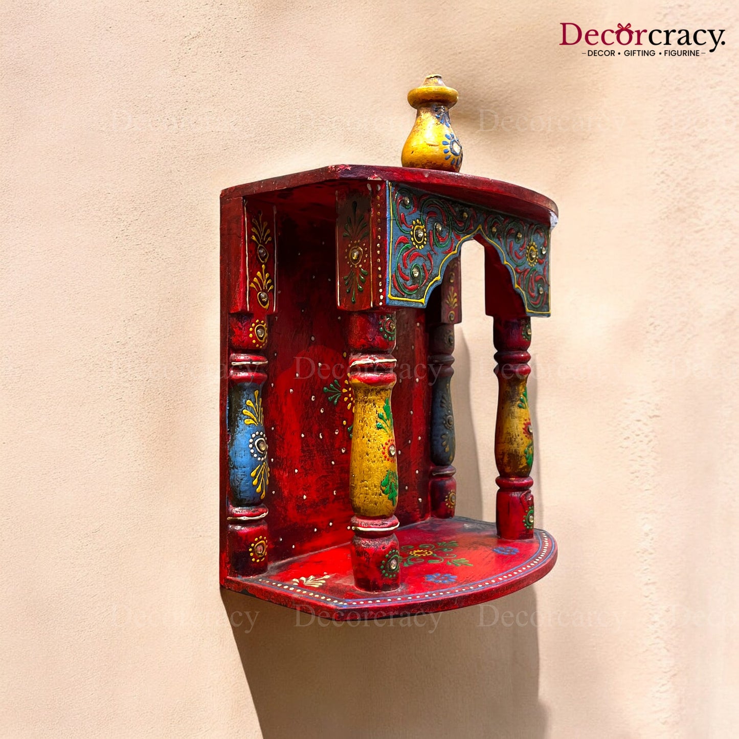 Mandir Wooden Multicolor Hand Painted Wall Mounted Temple 13"