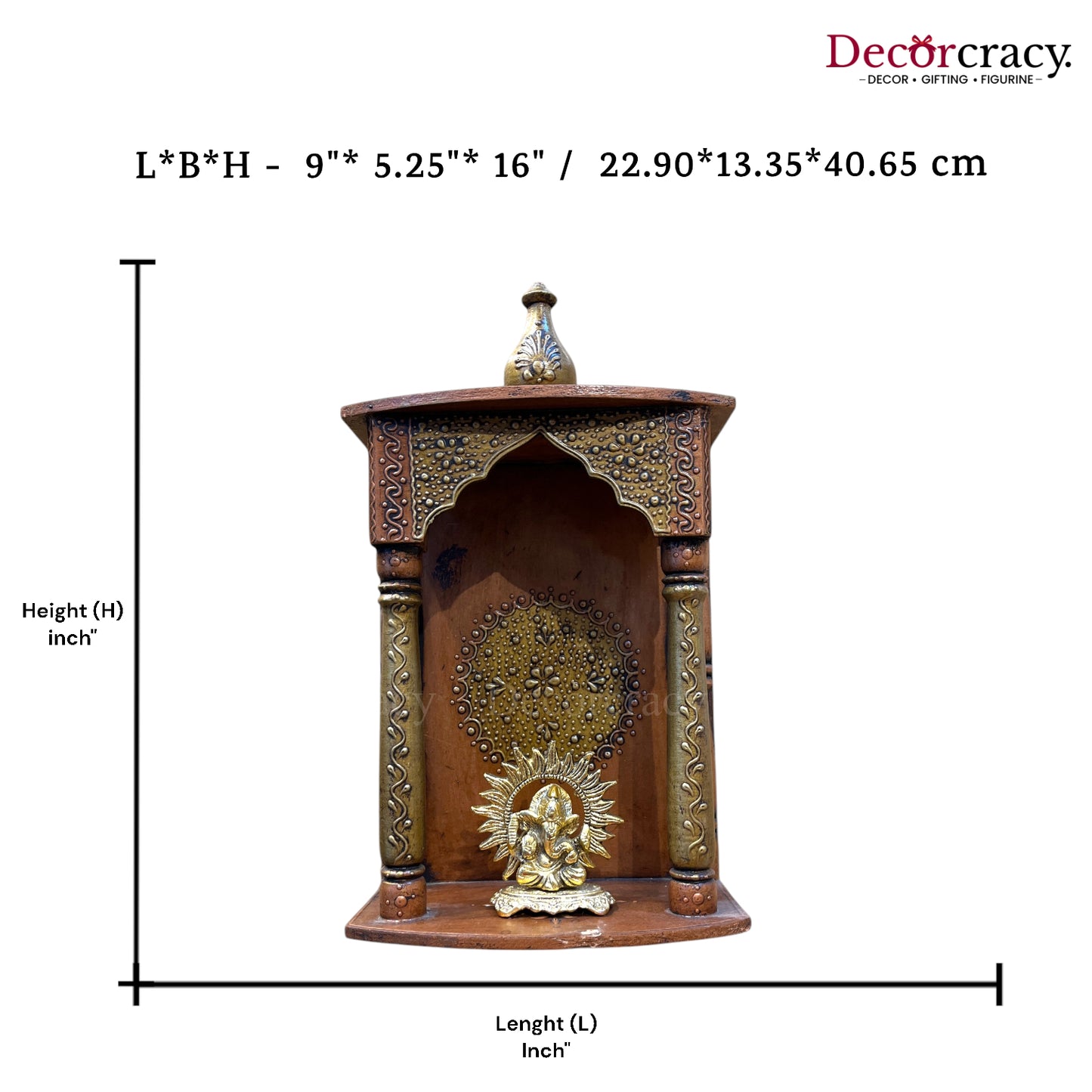 Mandir Wooden Antique Copper Hand Painted Wall Mounted Temple 16"