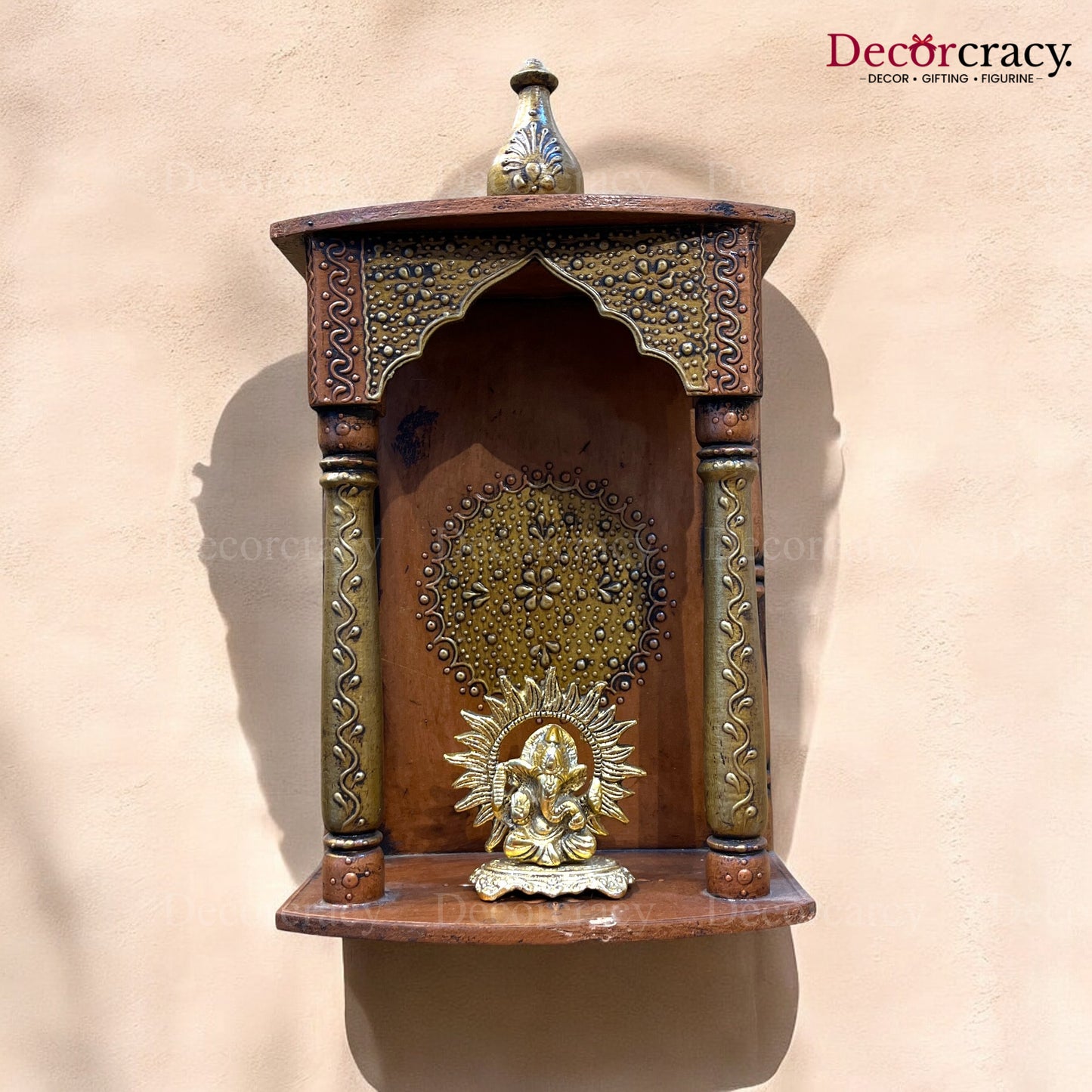 Mandir Wooden Antique Copper Hand Painted Wall Mounted Temple 16"