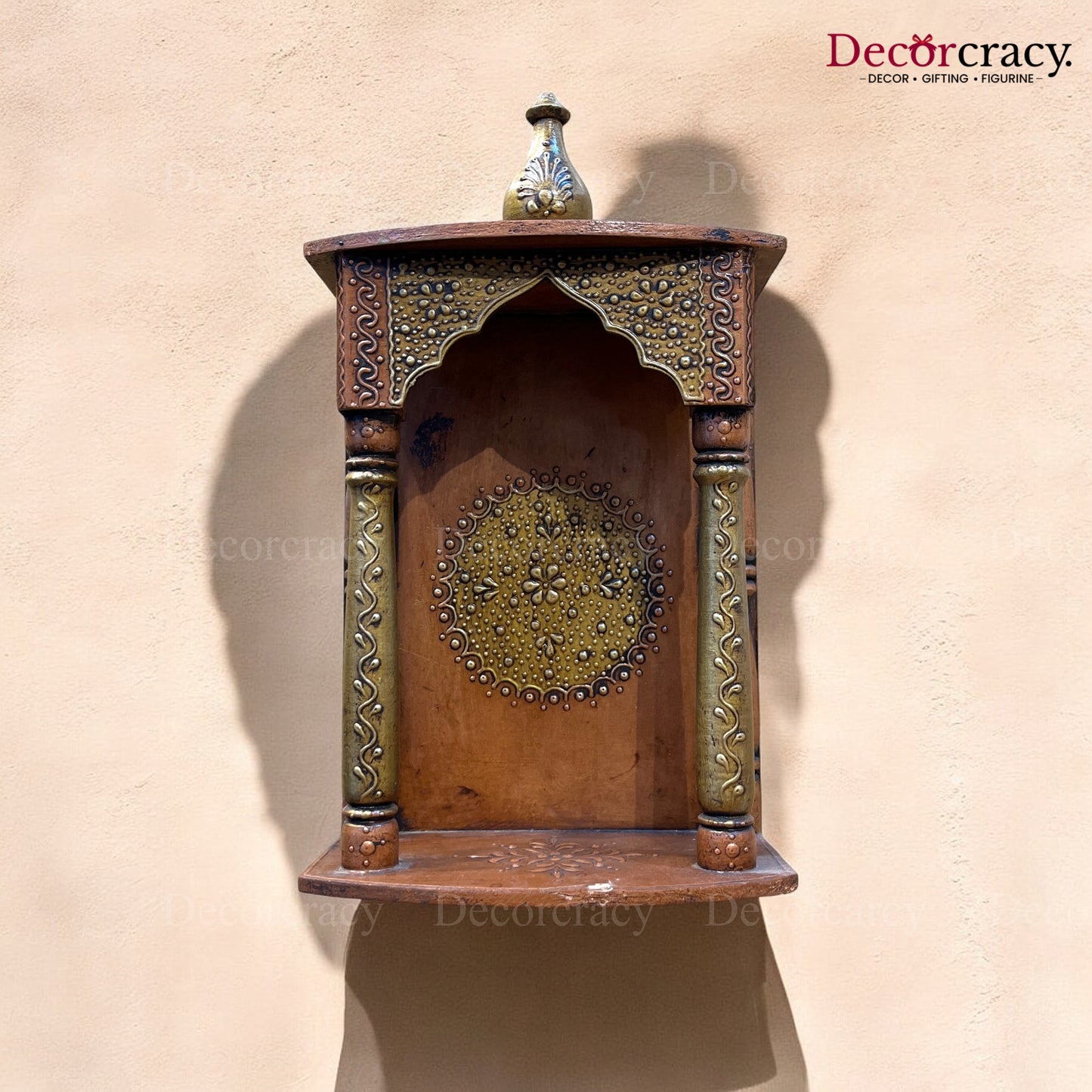 Mandir Wooden Antique Copper Hand Painted Wall Mounted Temple 16"