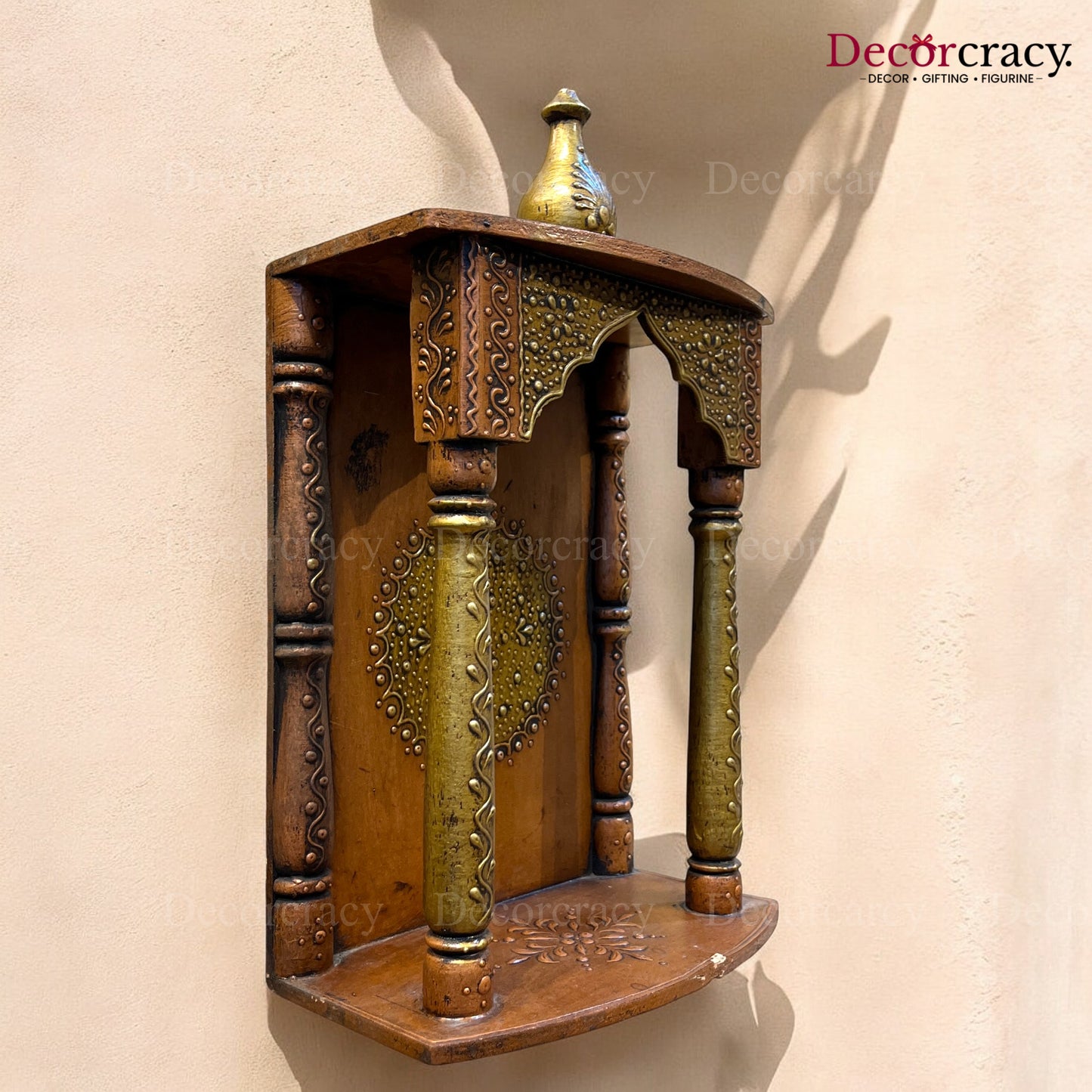 Mandir Wooden Antique Copper Hand Painted Wall Mounted Temple 16"