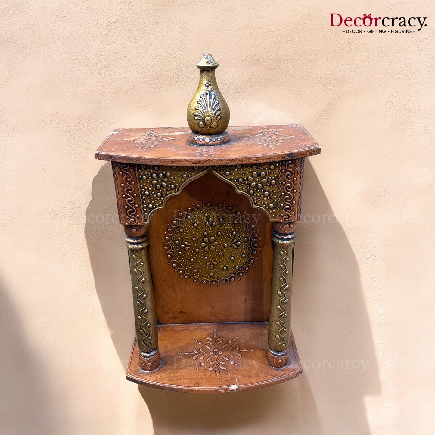 Mandir Wooden Antique Copper Hand Painted Wall Mounted Temple 16"