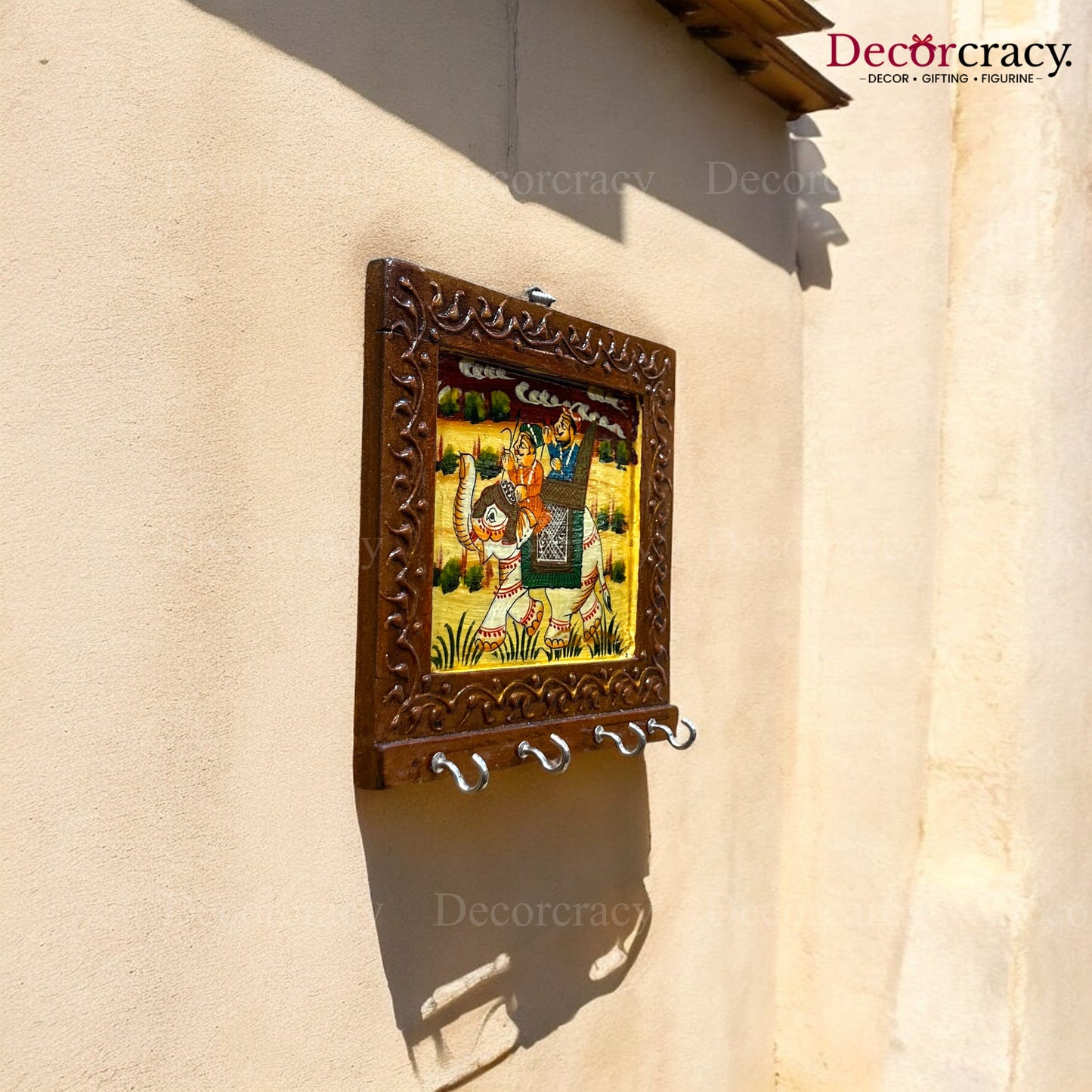 4 Hook Hanging Key Holder Hand Painted Wooden Rajasthani Art
