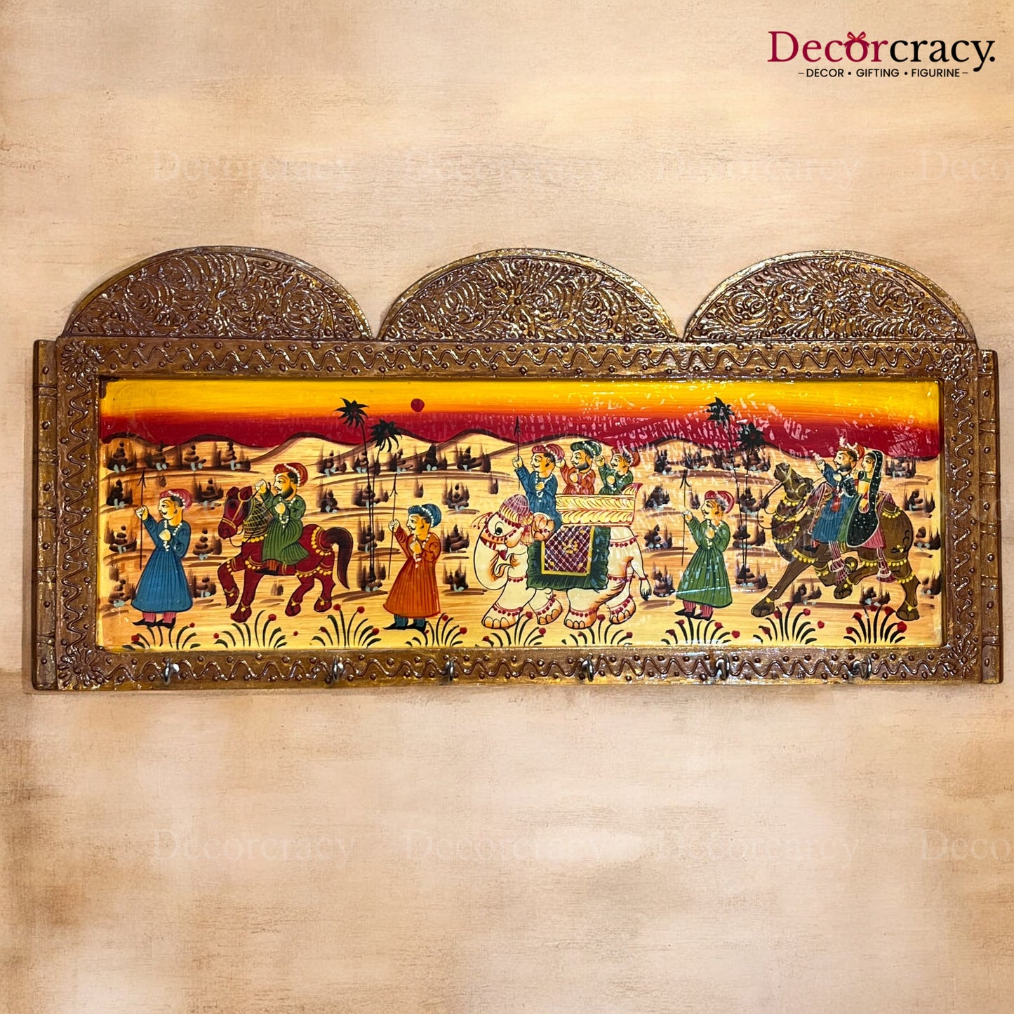 5 Hook Hanging Mehraab Key Holder Hand Painted Wooden Rajasthani Art