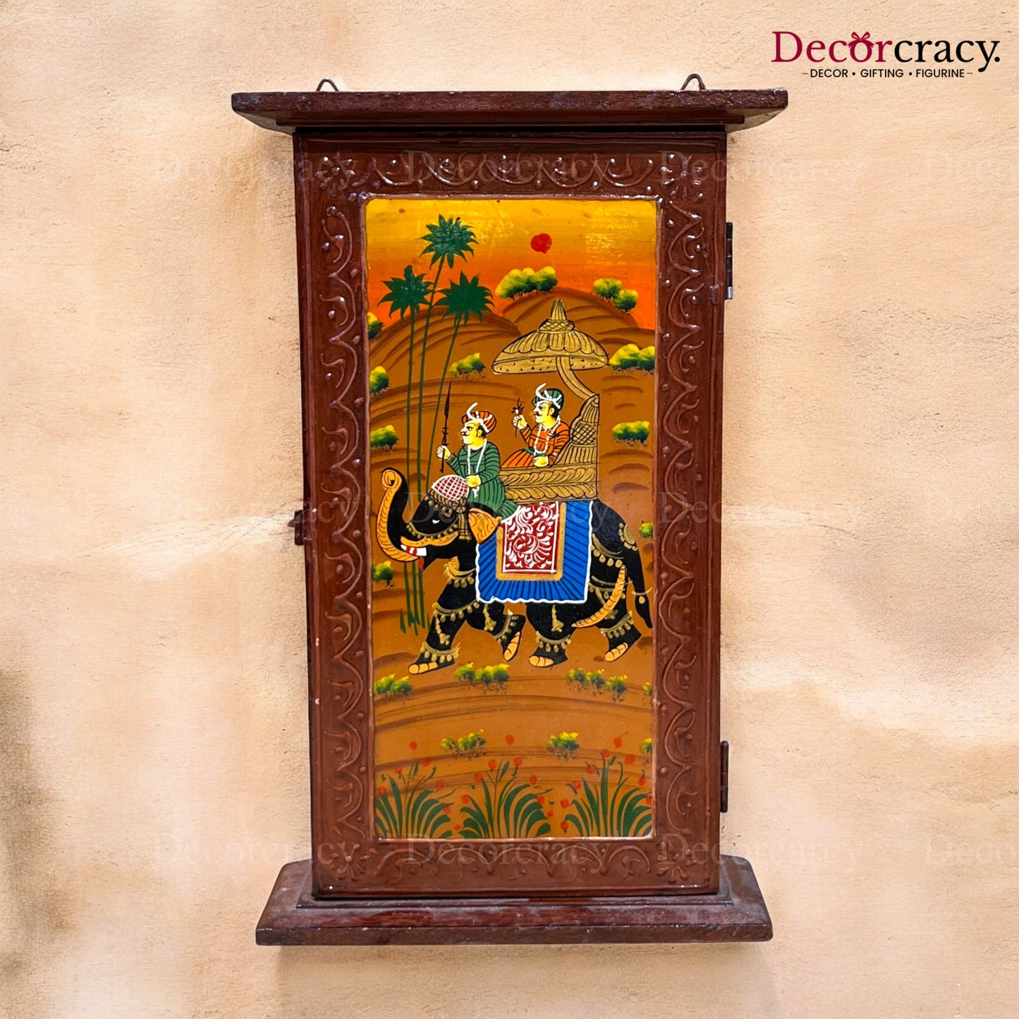 7 Hook Wall Mount Key Holder Box Hand Painted Brown Wooden Rajasthani Art