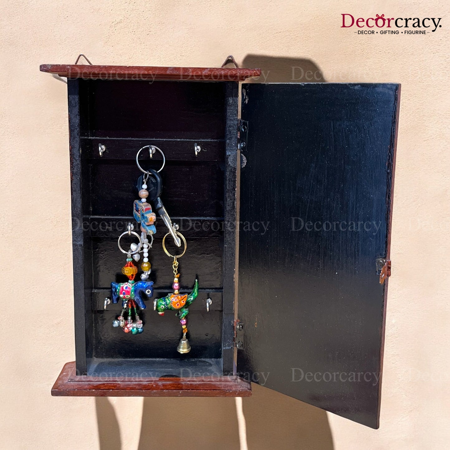 7 Hook Wall Mount Key Holder Box Hand Painted Brown Wooden Rajasthani Art