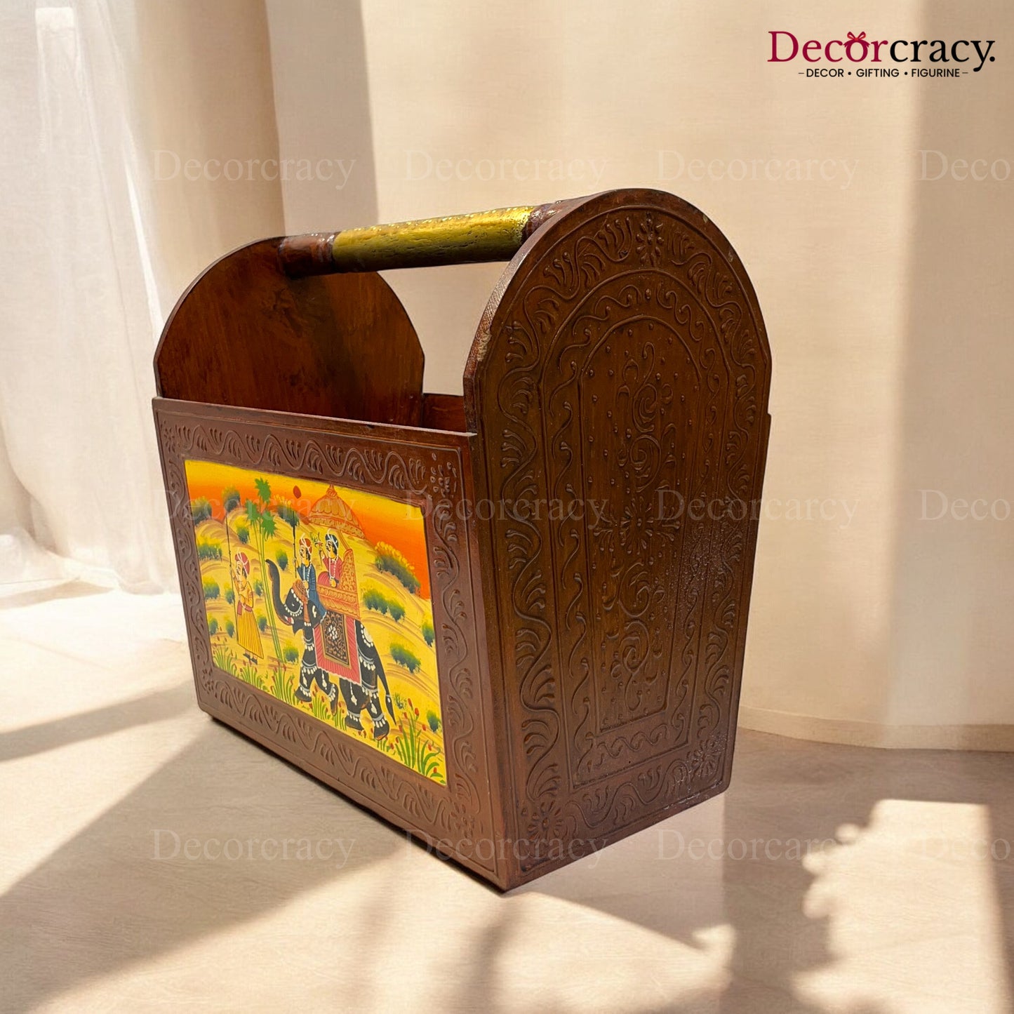 Letter Rack Newspaper Magazine Holder Hand Painted Brown Wooden Rajasthani Dhola Maru