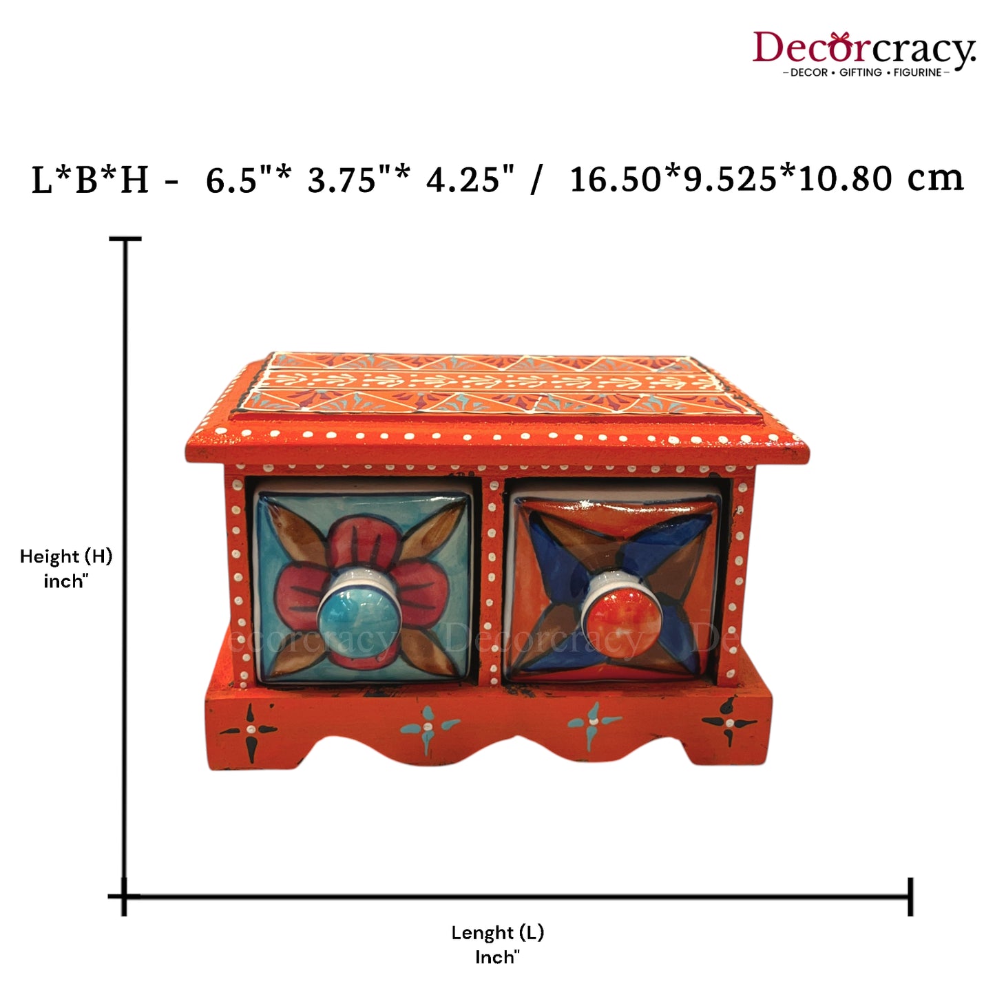 2 Drawer Ceramic Hand Painted Wooden Rajasthani Horizontal
