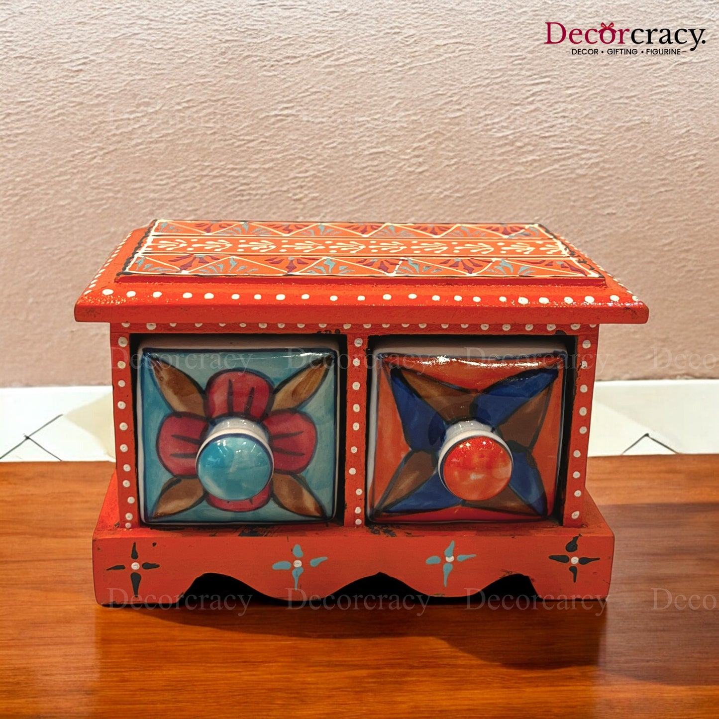 2 Drawer Ceramic Hand Painted Wooden Rajasthani Horizontal