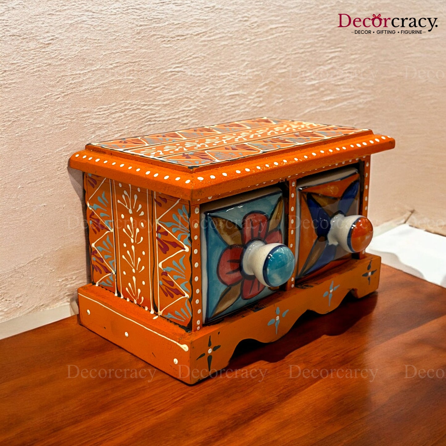 2 Drawer Ceramic Hand Painted Wooden Rajasthani Horizontal