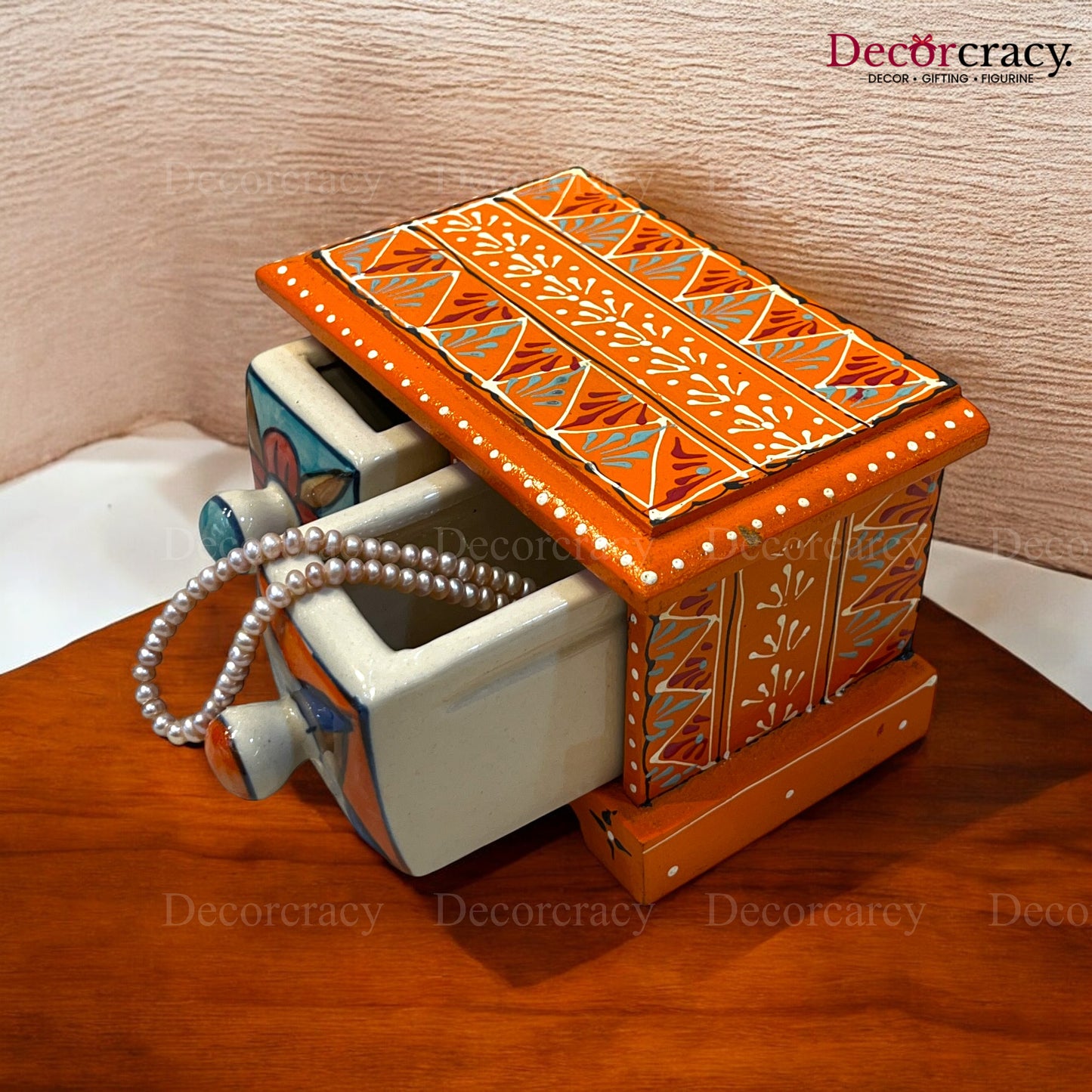 2 Drawer Ceramic Hand Painted Wooden Rajasthani Horizontal