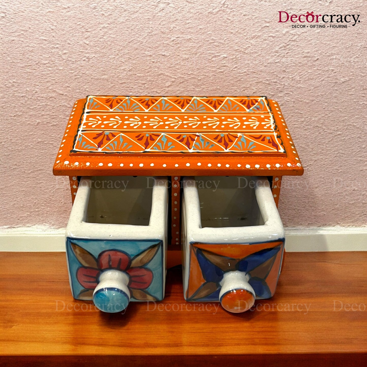 2 Drawer Ceramic Hand Painted Wooden Rajasthani Horizontal