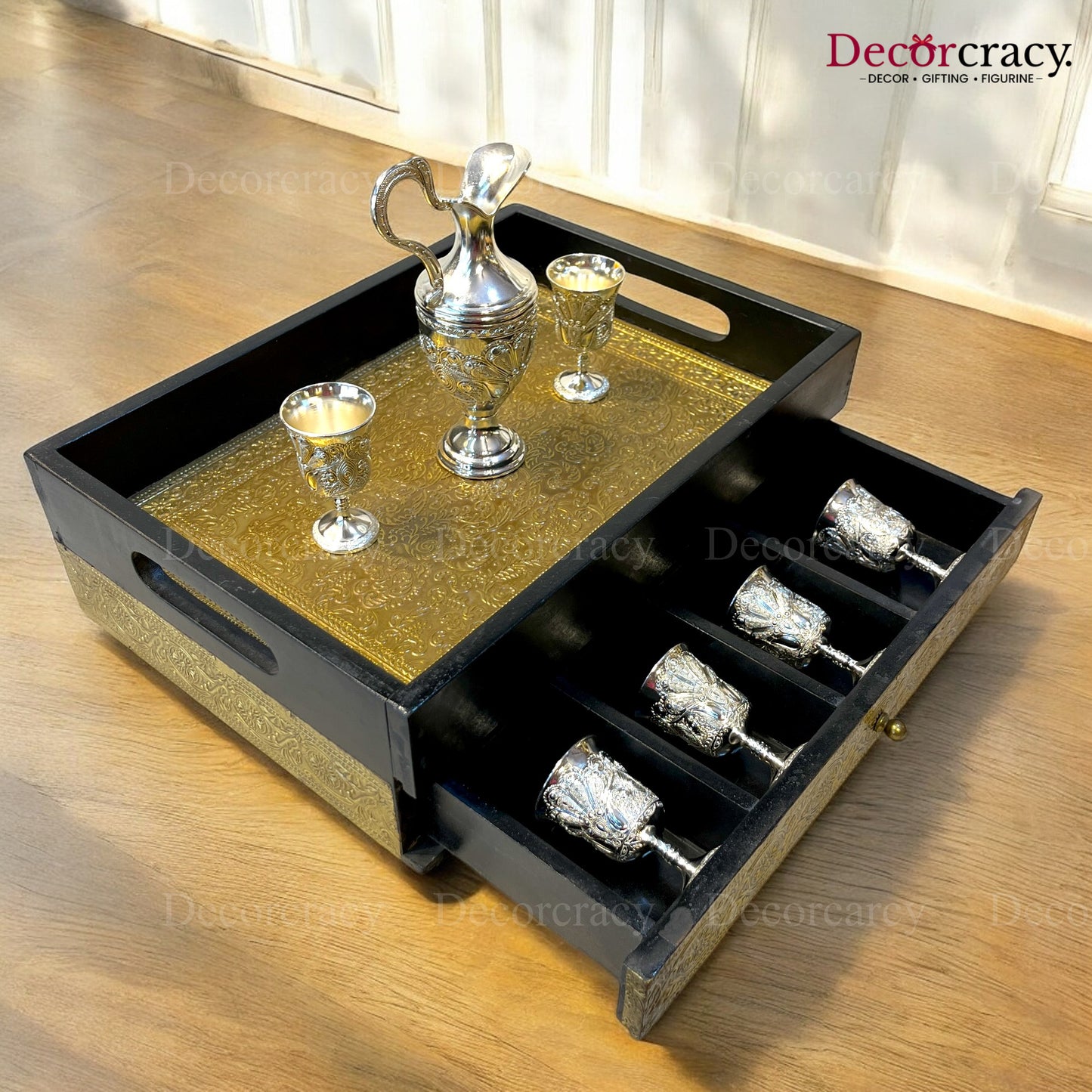 Serving Tray with storage Brass Sheet Wooden Rajasthani