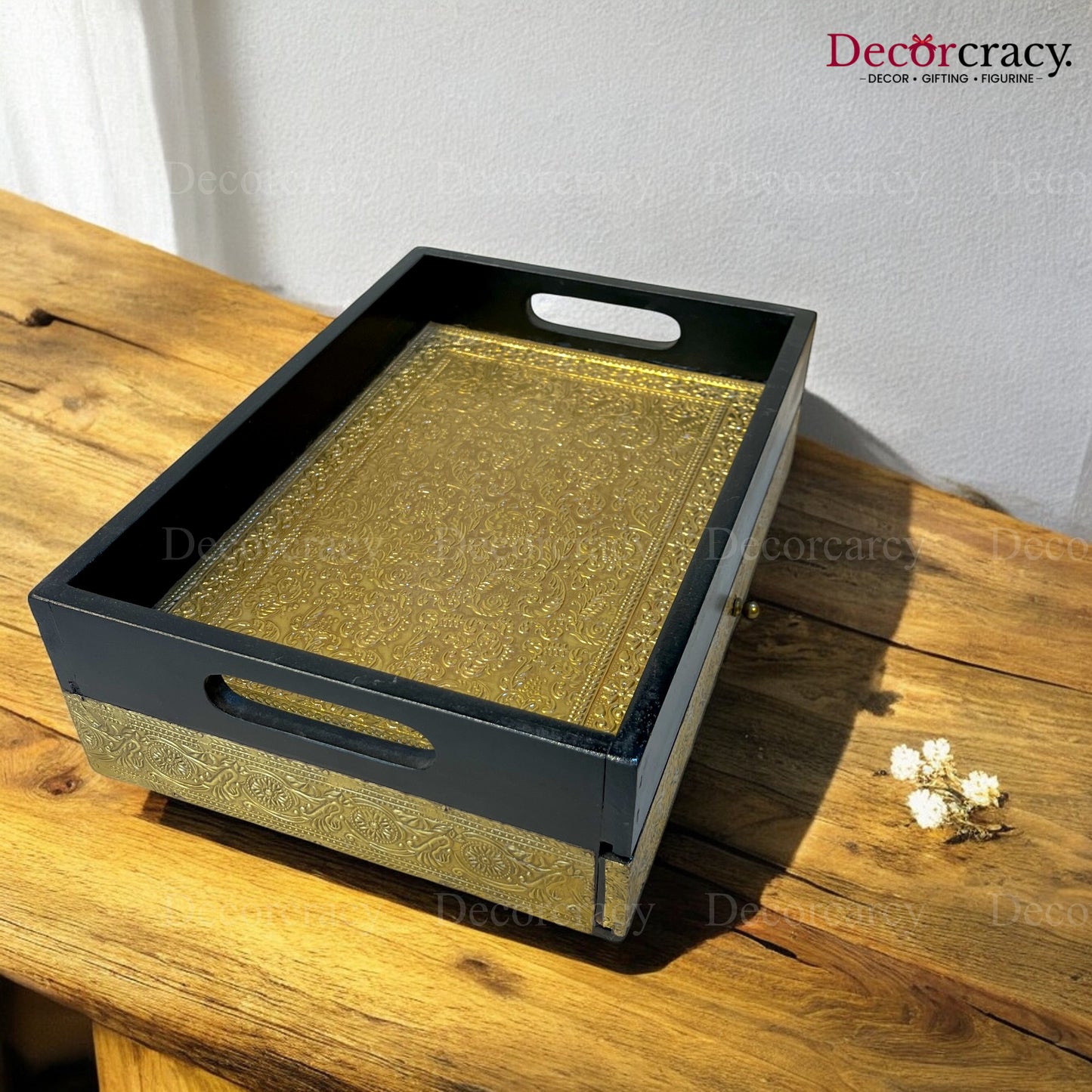 Serving Tray with storage Brass Sheet Wooden Rajasthani