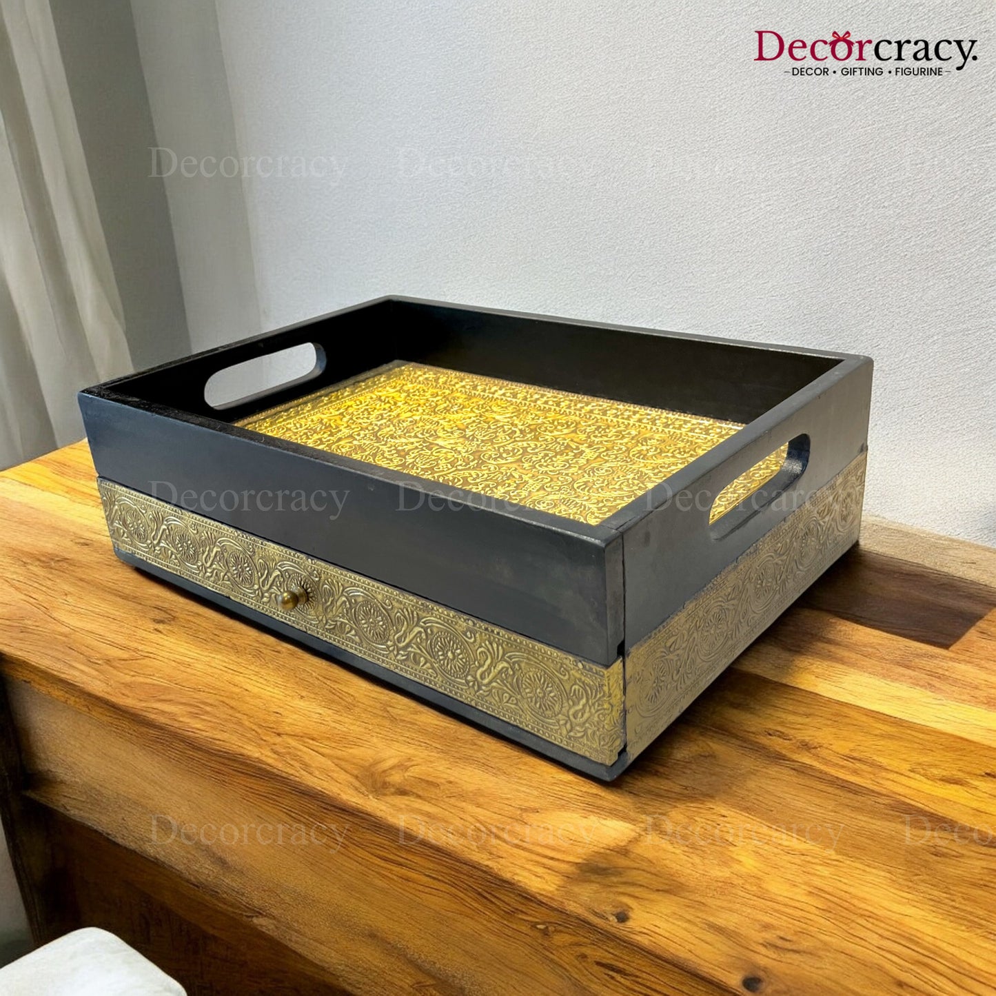 Serving Tray with storage Brass Sheet Wooden Rajasthani