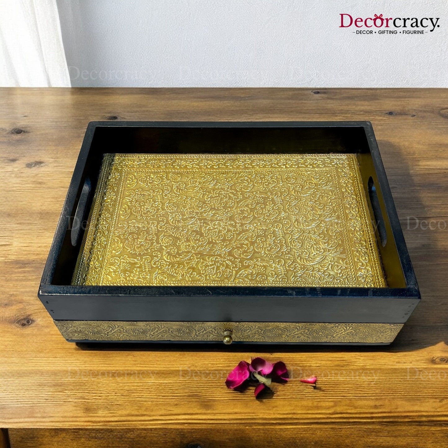 Serving Tray with storage Brass Sheet Wooden Rajasthani
