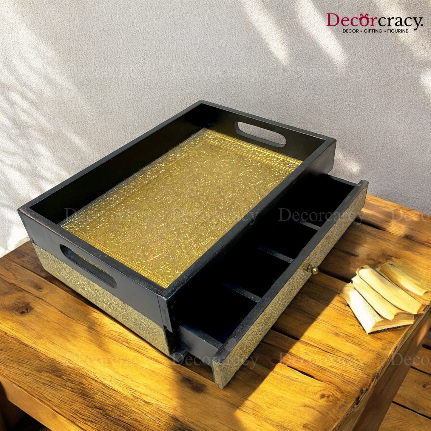 Serving Tray with storage Brass Sheet Wooden Rajasthani