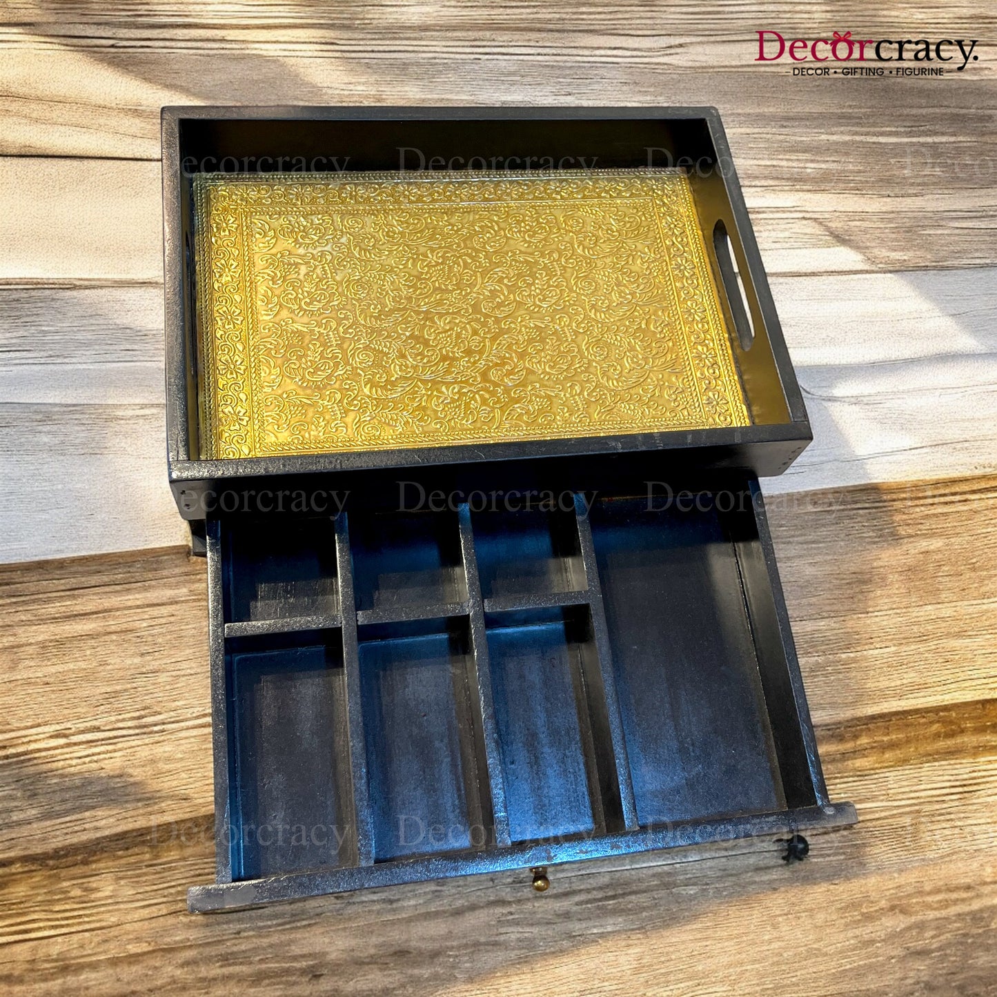 Serving Tray with storage Brass Sheet Wooden Rajasthani