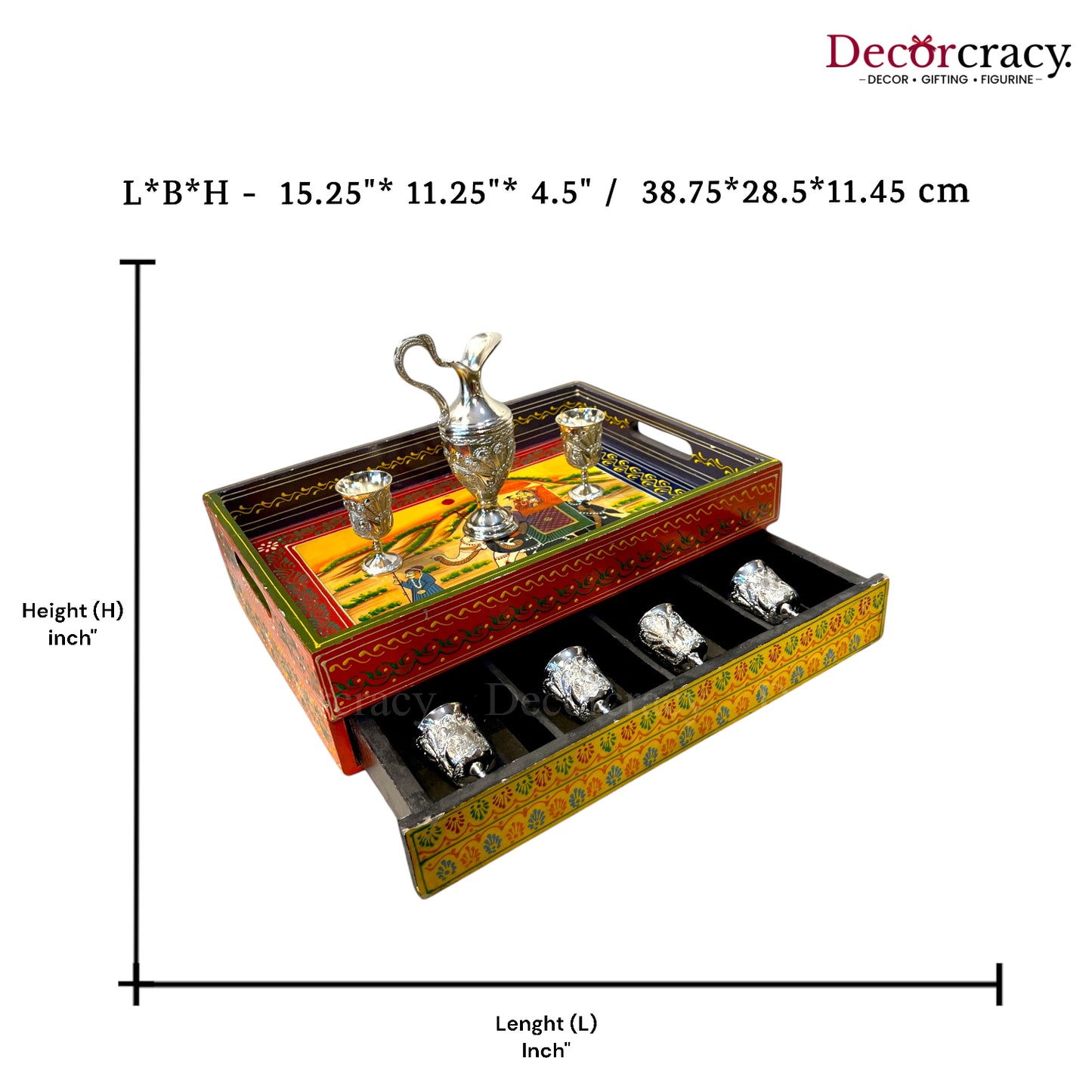 Serving Tray with storage Hand Painted Wooden Rajasthani Dhola Maru