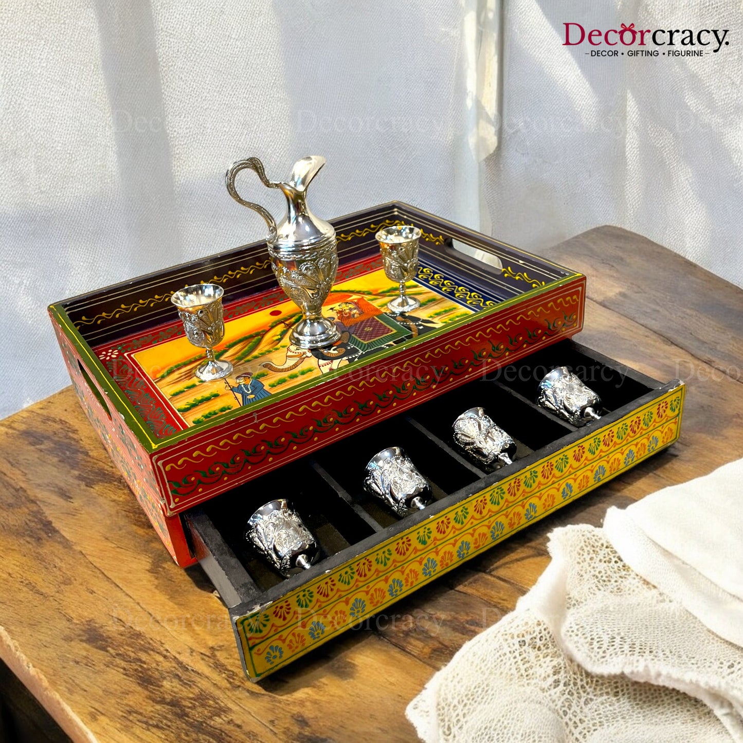 Serving Tray with storage Hand Painted Wooden Rajasthani Dhola Maru