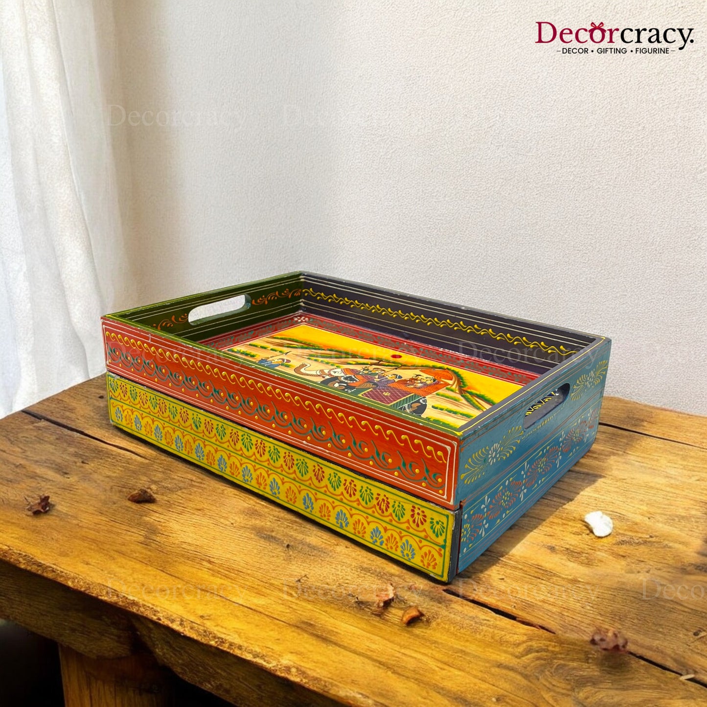 Serving Tray with storage Hand Painted Wooden Rajasthani Dhola Maru