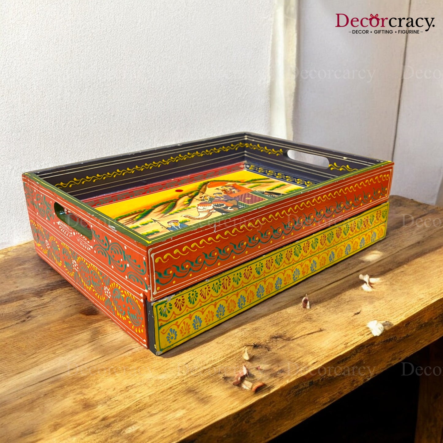 Serving Tray with storage Hand Painted Wooden Rajasthani Dhola Maru