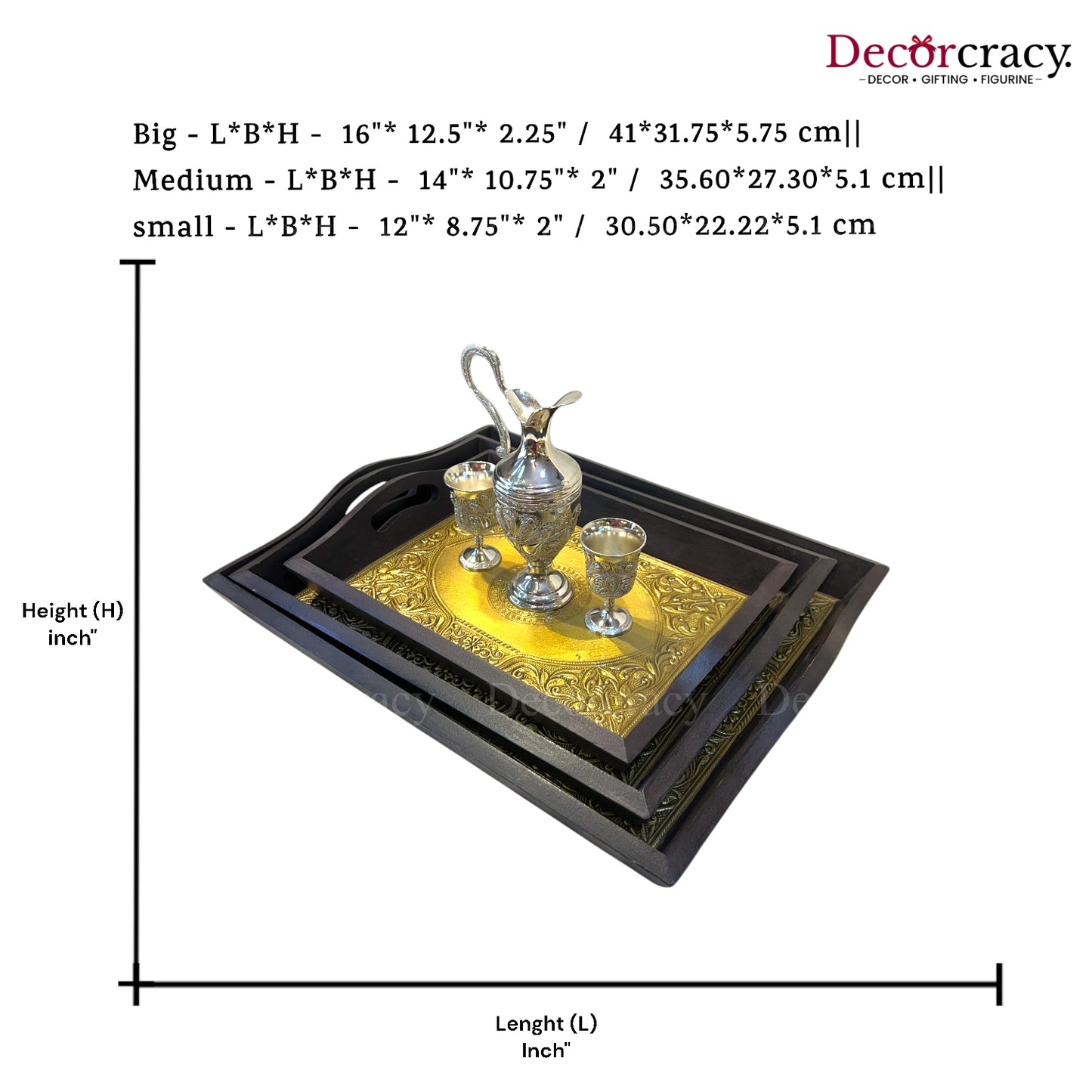 3pc Serving Tray Brass Sheet & Wooden Rajasthani