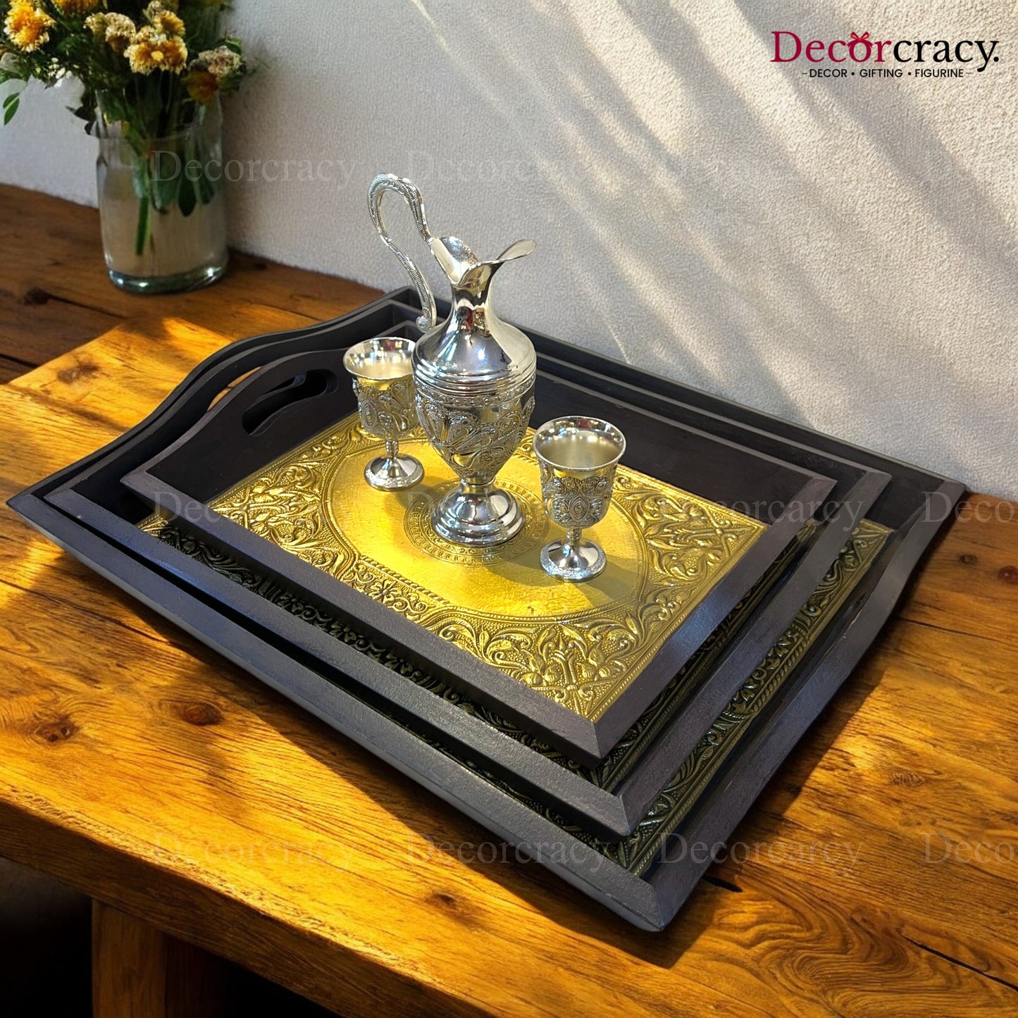 3pc Serving Tray Brass Sheet & Wooden Rajasthani