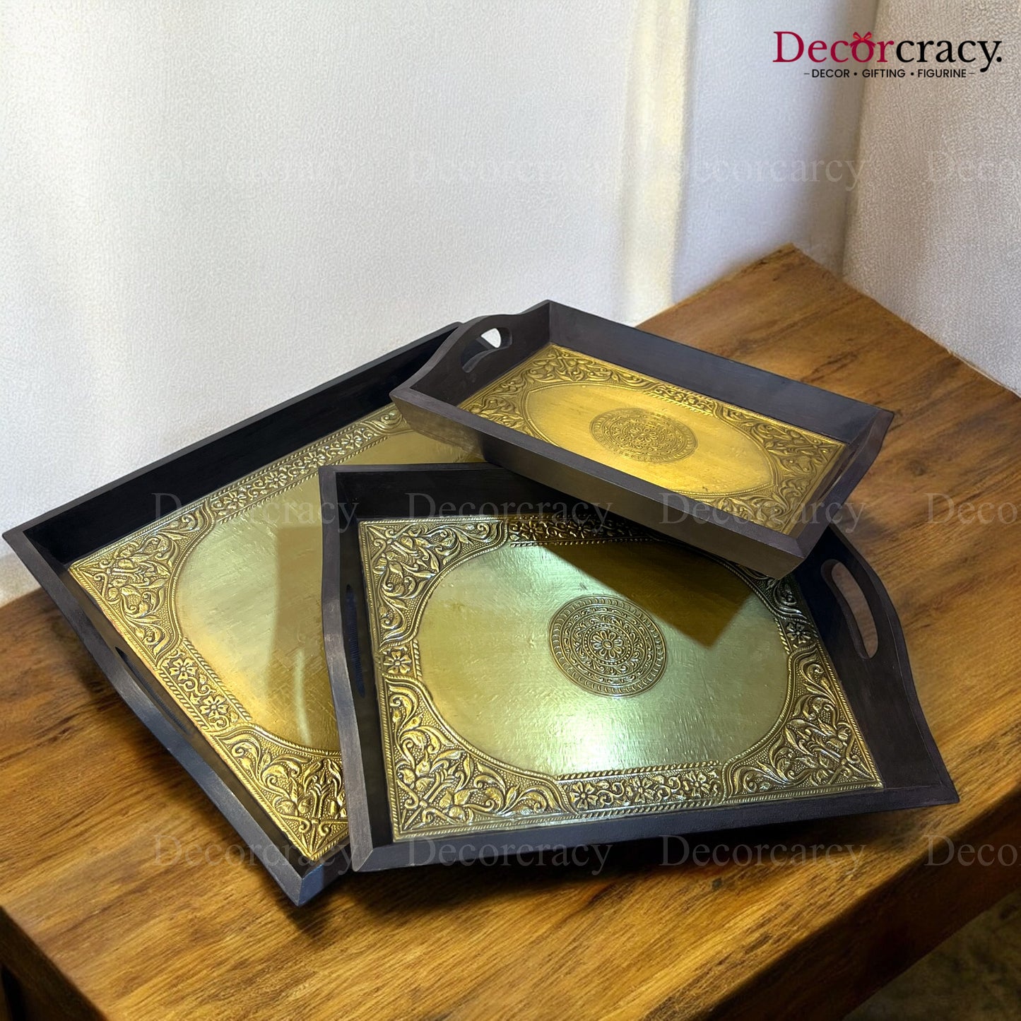 3pc Serving Tray Brass Sheet & Wooden Rajasthani