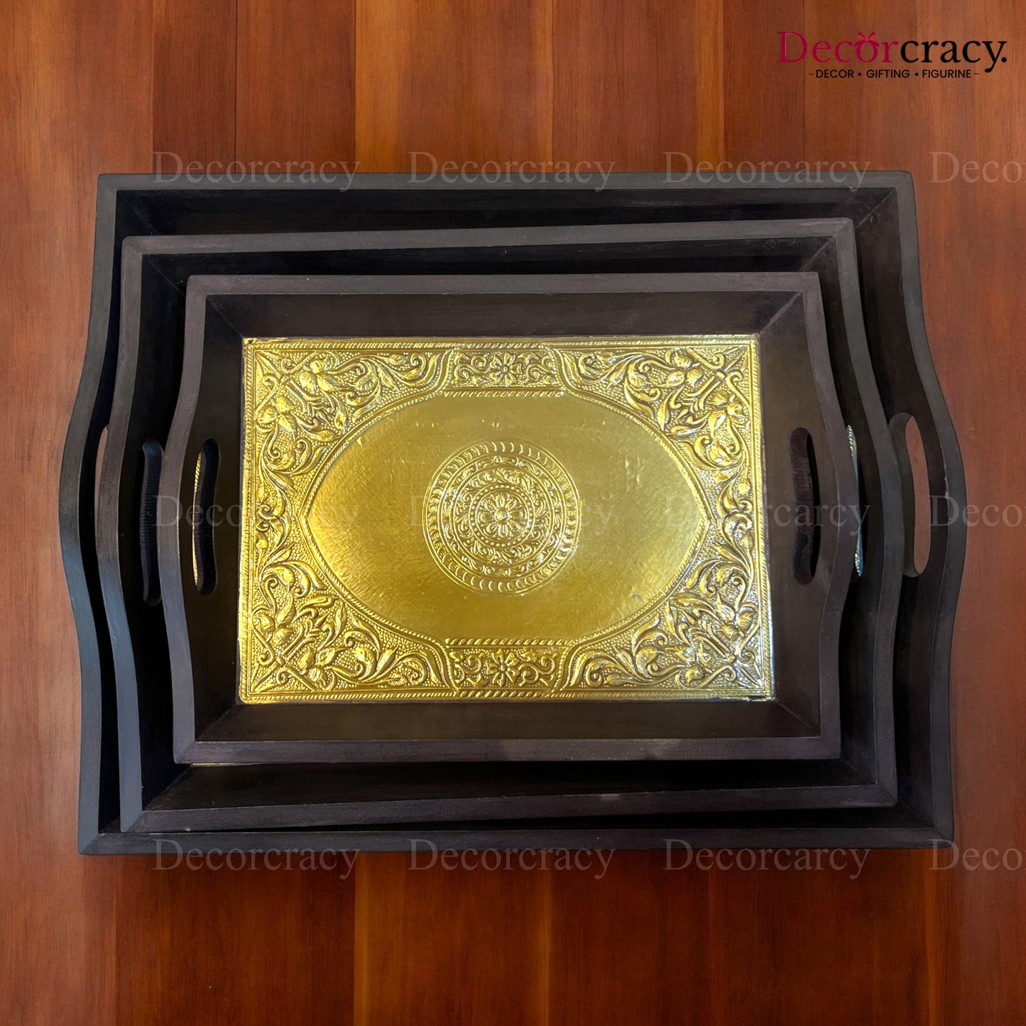 3pc Serving Tray Brass Sheet & Wooden Rajasthani