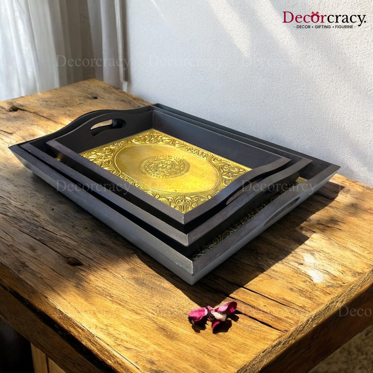 3pc Serving Tray Brass Sheet & Wooden Rajasthani