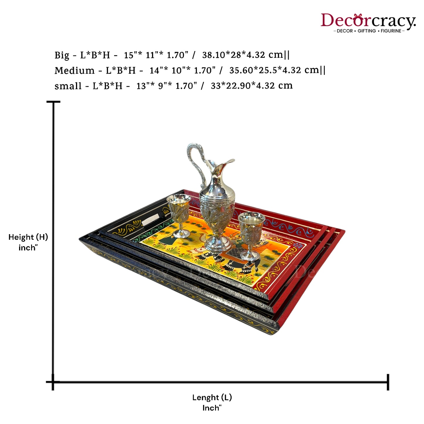 3pc Serving Tray Hand Painted Wooden Rajasthani Dhola Maru
