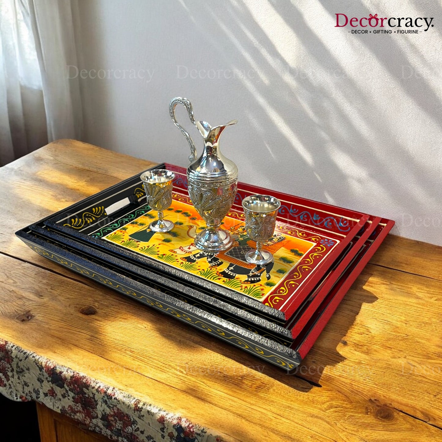 3pc Serving Tray Hand Painted Wooden Rajasthani Dhola Maru
