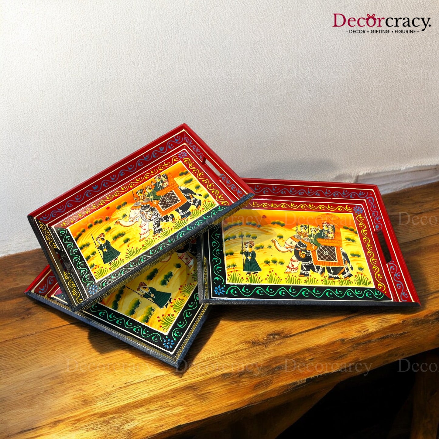 3pc Serving Tray Hand Painted Wooden Rajasthani Dhola Maru