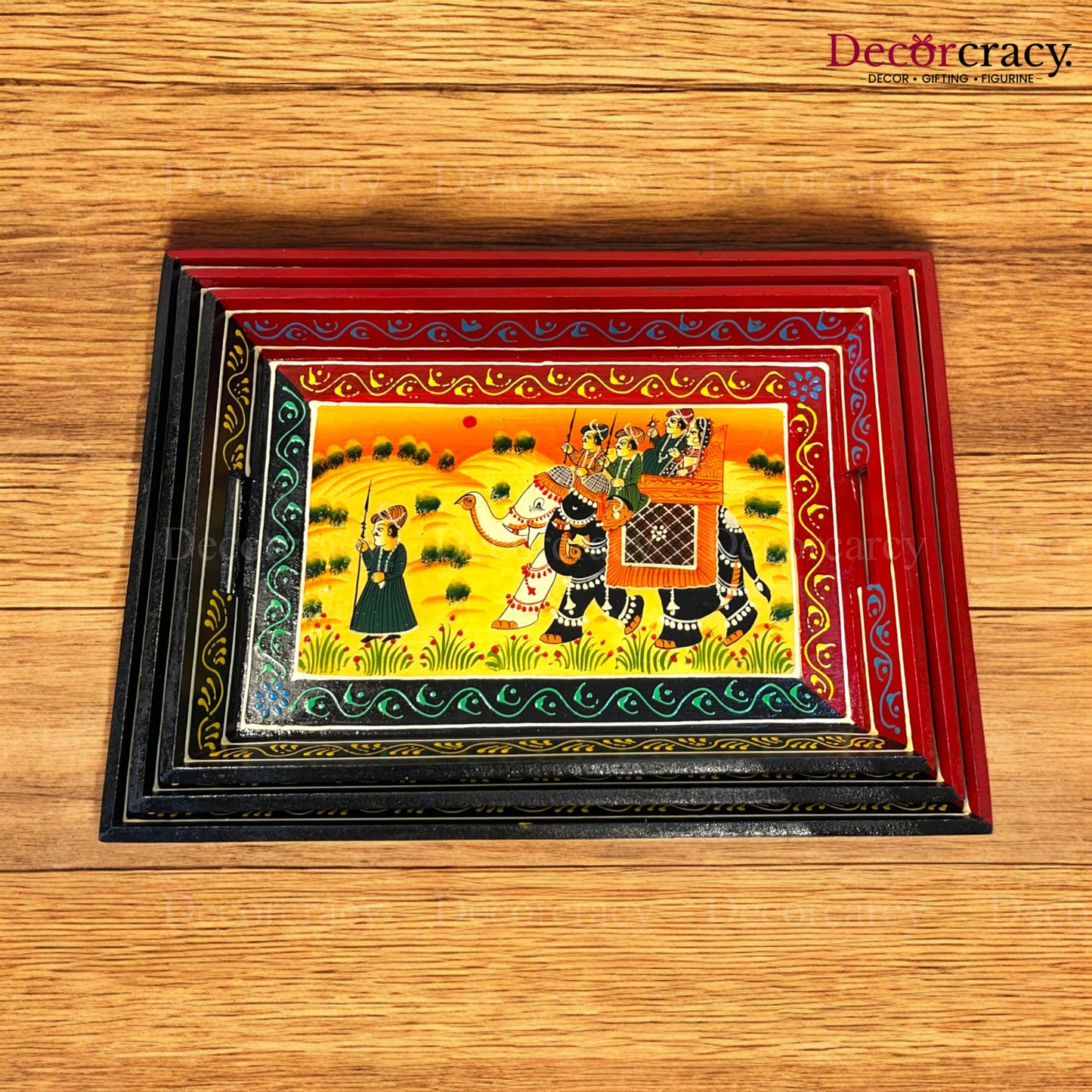 3pc Serving Tray Hand Painted Wooden Rajasthani Dhola Maru