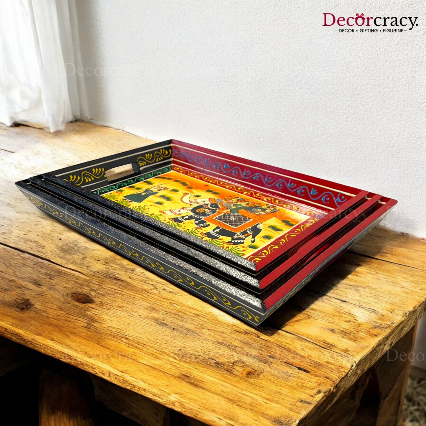 3pc Serving Tray Hand Painted Wooden Rajasthani Dhola Maru