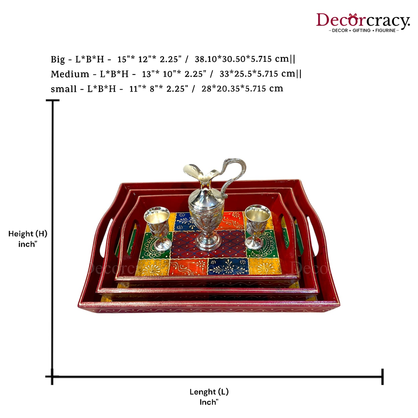 3pc Serving Tray Hand Painted Wooden Rajasthani