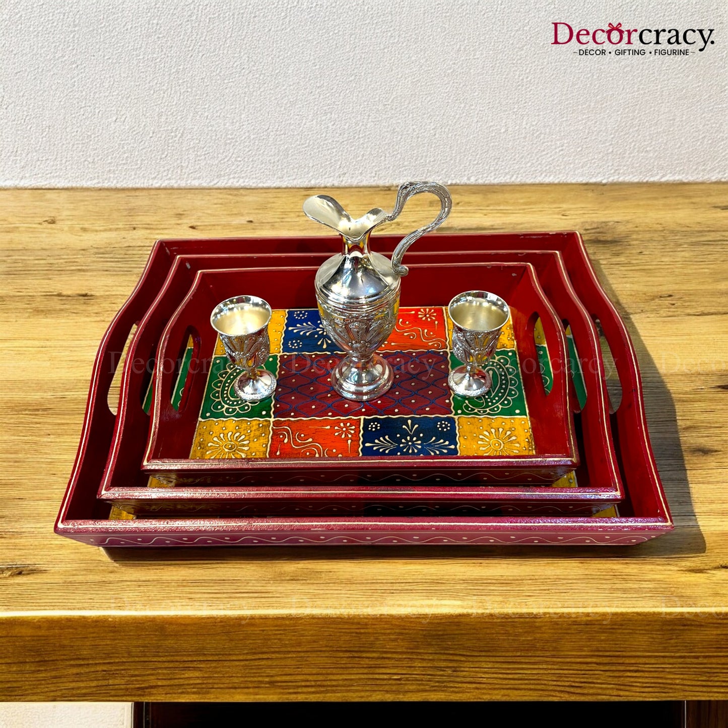 3pc Serving Tray Hand Painted Wooden Rajasthani